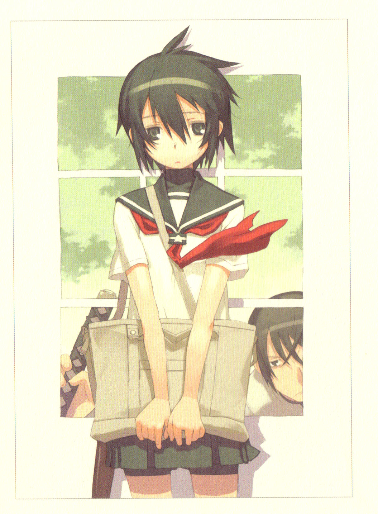 kuroboshi kouhaku, kino (kino no tabi), gakuen kino, kino no tabi, highres, 00s, 1girl, ascot, bag, bike shorts, black eyes, black hair, black skirt, closed mouth, cowboy shot, frown, hair between eyes, head out of frame, holding, holding bag, holding sword, holding weapon, looking at viewer, miniskirt, parted lips, pleated skirt, school uniform, serafuku, shadow, short hair, short sleeves, shorts, shorts under skirt, shoulder bag, skirt, solo focus, sword, turtleneck, v arms, weapon, wind, window