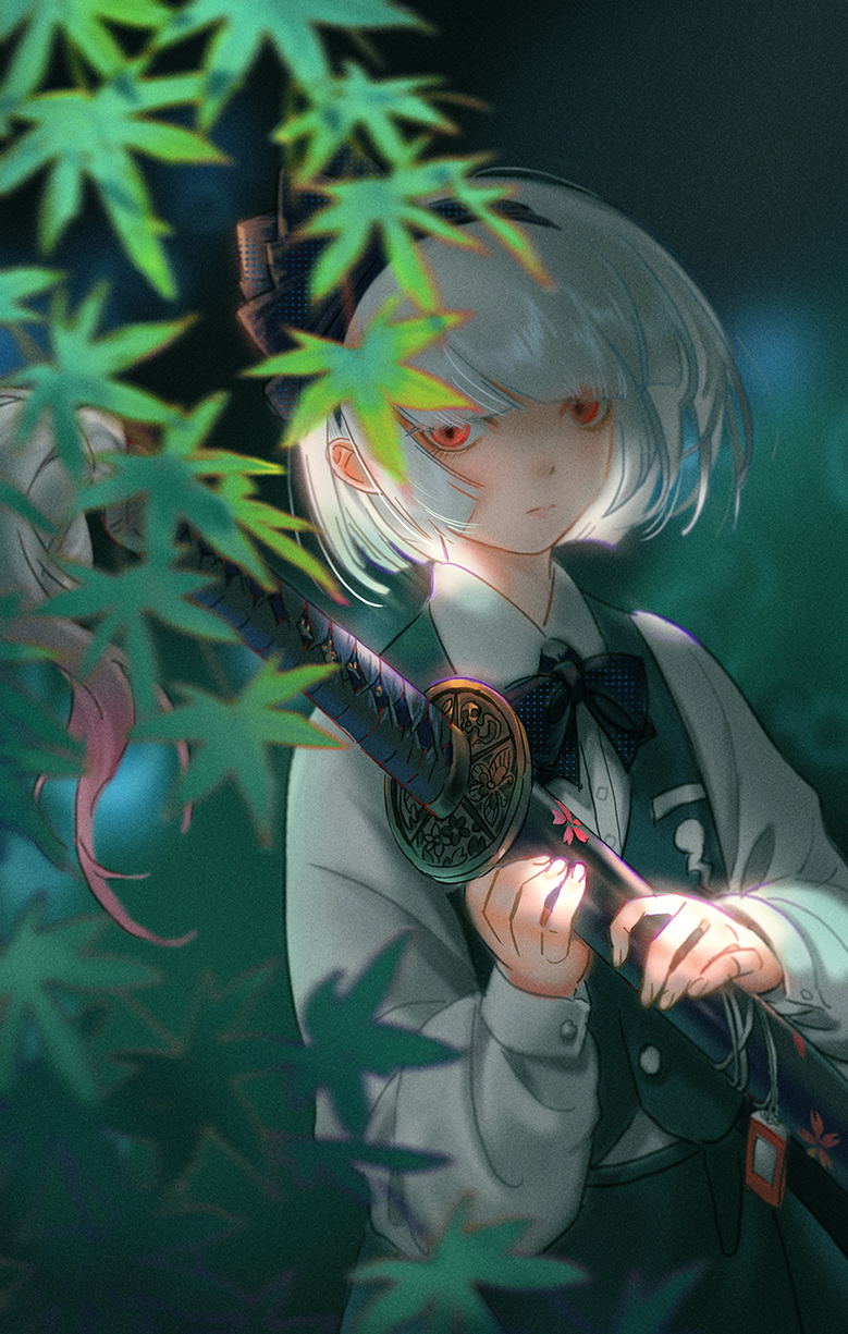 seeker, konpaku youmu, touhou, commentary, highres, 1girl, black bow, black bowtie, black hairband, blurry, bow, bow hairband, bowtie, depth of field, green skirt, green vest, hairband, holding, holding sword, holding weapon, looking at viewer, red eyes, sheath, sheathed, shirt, short hair, skirt, sleeveless vest, solo, sword, vest, weapon, white hair, white shirt