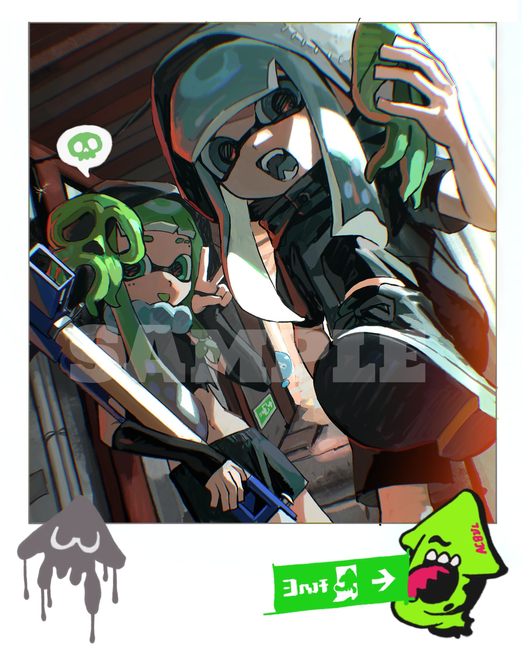 miko (15476997), inkling girl, inkling player character, nintendo, splatoon (series), commentary, highres, symbol-only commentary, 2girls, :p, black boots, black gloves, black leggings, black shirt, black shorts, blue eyes, blue hair, boots, border, choker, colored tongue, crop top, elbow gloves, eyebrow cut, fingerless gloves, gloves, green eyes, green hair, green tongue, holding, holding unworn clothes, holding weapon, hood, hood up, hooded shirt, inkling, knee up, leggings, leggings under shorts, long hair, mask, midriff, multiple girls, navel, sample watermark, shirt, short sleeves, shorts, snipewriter (splatoon), t-shirt, tentacle hair, tongue, tongue out, unworn mask, v, watermark, weapon, white border, white choker