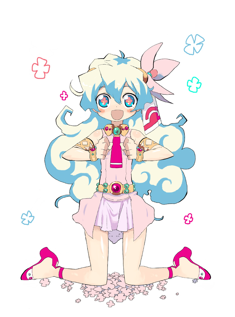 sanada taketo, nia teppelin, tengen toppa gurren lagann, + +, 00s, 1girl, :d, armlet, bare legs, blonde hair, blush, bracelet, brooch, clenched hands, collar, cross-shaped pupils, curly hair, dress, female focus, gem, high heels, jewelry, kneeling, long hair, looking at viewer, multicolored hair, necktie, open mouth, pink dress, red necktie, simple background, smile, solo, square-end necktie, symbol-shaped pupils, two-tone hair, very long hair, white background, white hair
