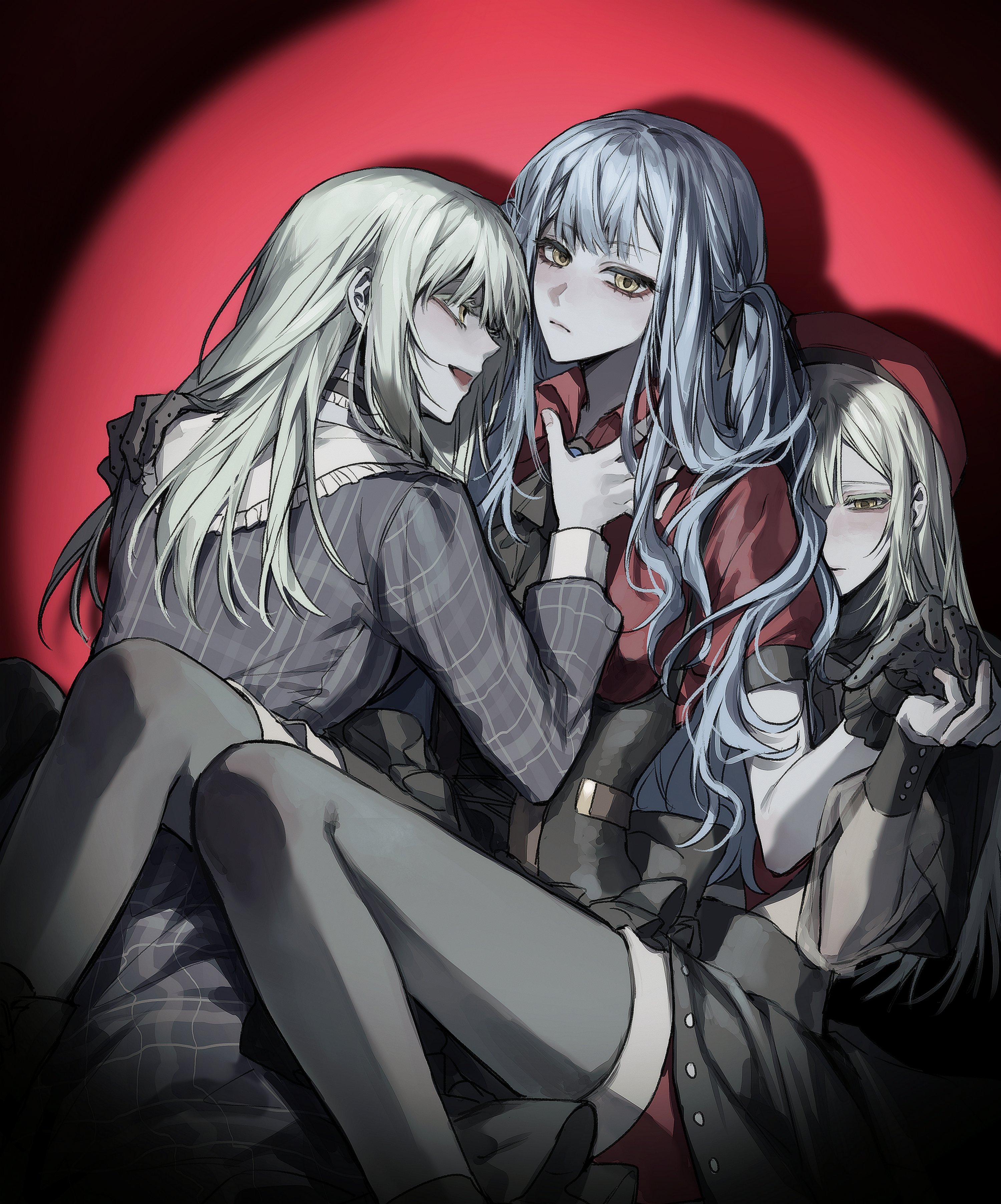 ara 200117, mortis (bang dream!), mortis (costume) (bang dream!), mortis (persona) (bang dream!), oblivionis (bang dream!), togawa sakiko, wakaba mutsumi, bang dream!, bang dream! it's mygo!!!!!, absurdres, commentary request, highres, korean commentary, 3girls, ascot, beret, black ascot, black choker, black corset, black gloves, black pantyhose, blue dress, blue hair, choker, closed mouth, corset, dress, dual persona, gloves, green hair, hat, long hair, long sleeves, multiple girls, pantyhose, plaid clothes, plaid dress, red hat, red shirt, red shorts, shirt, short sleeves, shorts, shorts under skirt, sidelocks, spotlight, yellow eyes, yuri