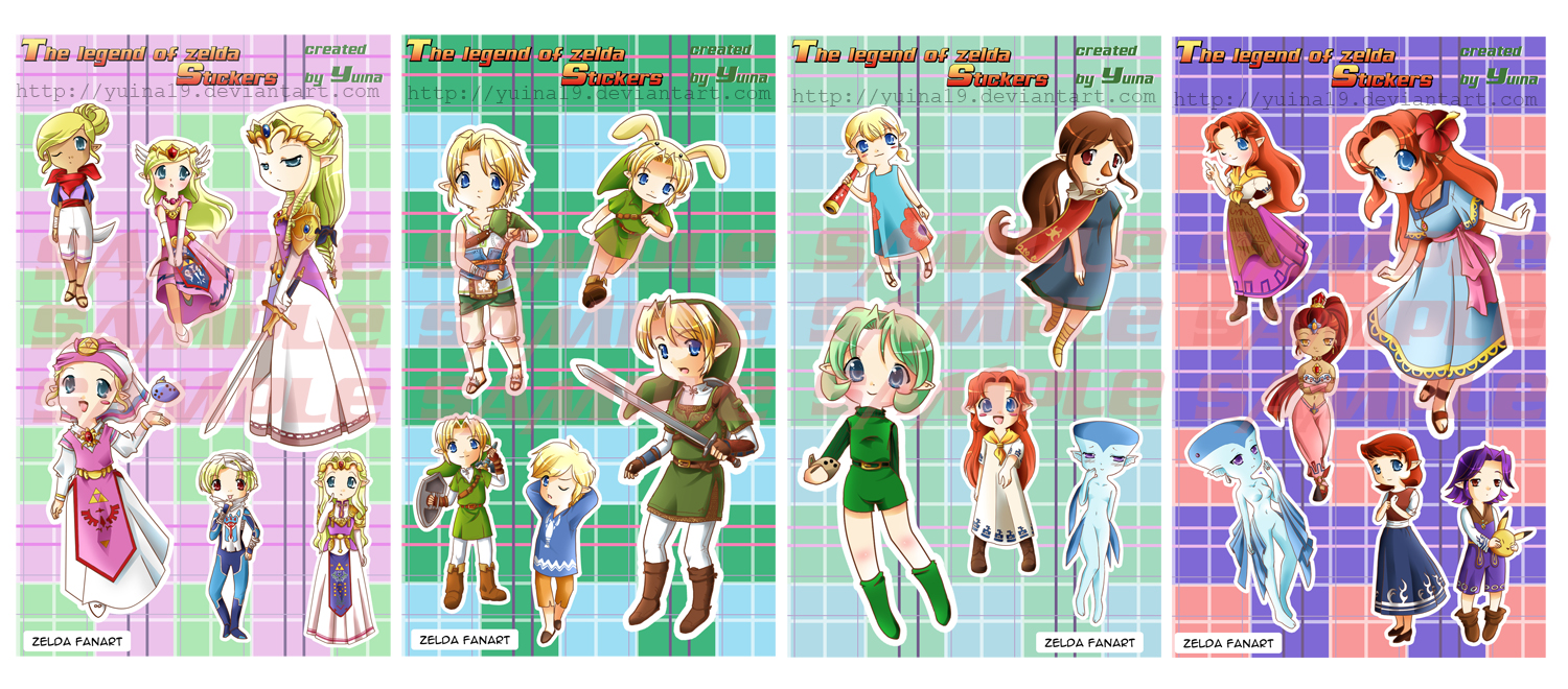 anju (zelda), aryll, kafei, link, malon, marin (zelda), medli, nabooru, princess ruto, princess zelda, saria (zelda), sheik, tetra, toon link, toon zelda, young link, young zelda, nintendo, the legend of zelda, the legend of zelda: link's awakening, the legend of zelda: majora's mask, the legend of zelda: ocarina of time, the legend of zelda: the wind waker, the legend of zelda: twilight princess, 2boys, 6+girls, androgynous, bandages, blonde hair, boots, braid, chibi, dress, gerudo, green boots, holding, holding sword, holding weapon, instrument, leggings, long hair, mask, multiple boys, multiple girls, ocarina, pointy ears, red eyes, reverse trap, rito, sample watermark, shield, skirt, sword, tabard, telescope, watermark, weapon, zora