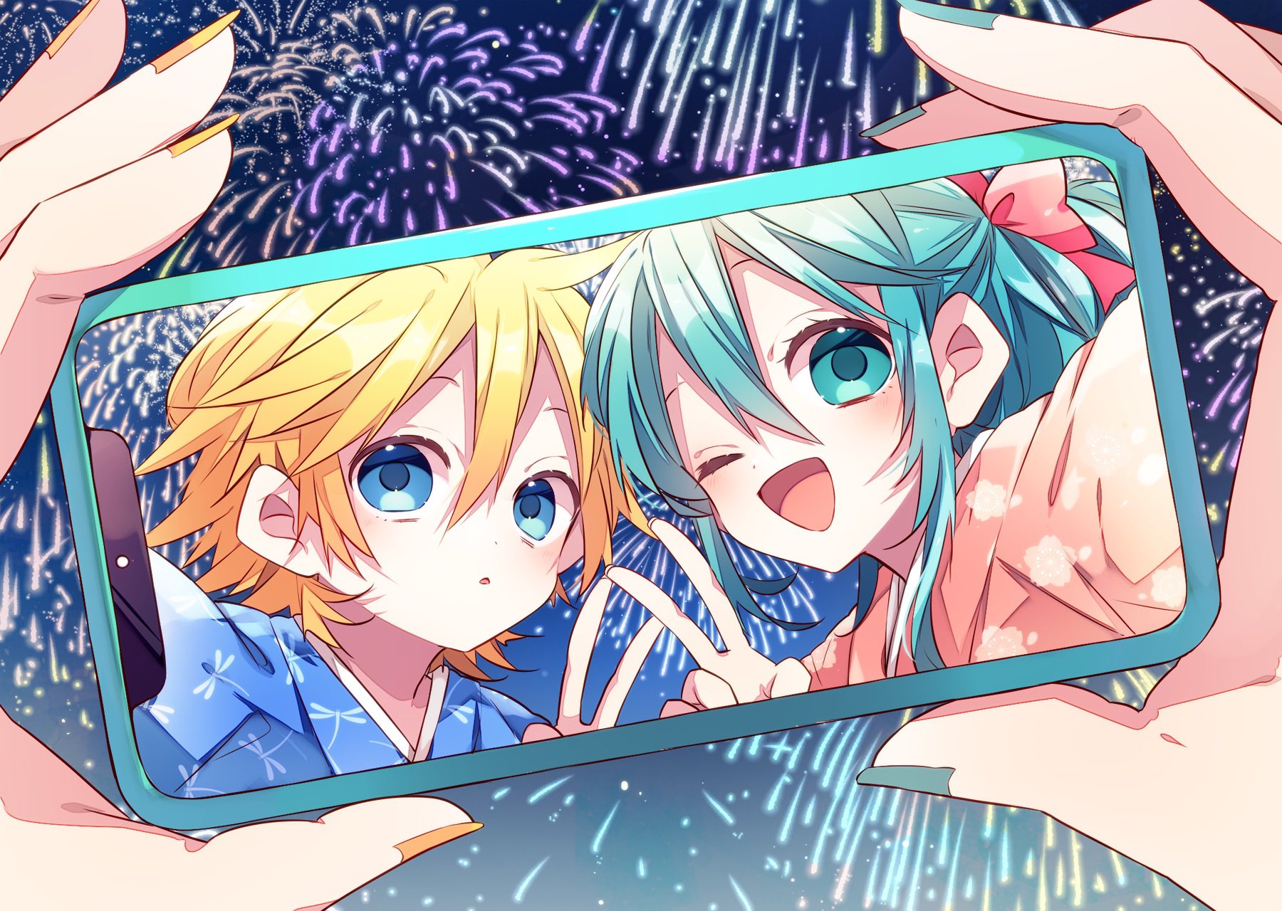 kaho 0102, hatsune miku, kagamine len, vocaloid, commentary request, highres, 1boy, 1girl, :d, :o, blonde hair, blue eyes, blue hair, blue kimono, blue nails, blush, bow, cellphone, double-parted bangs, fireworks, hair between eyes, hair bow, holding, holding phone, japanese clothes, kimono, long hair, looking at viewer, nail polish, open mouth, phone, pink bow, pink kimono, selfie, short hair, smartphone, smile, yellow nails