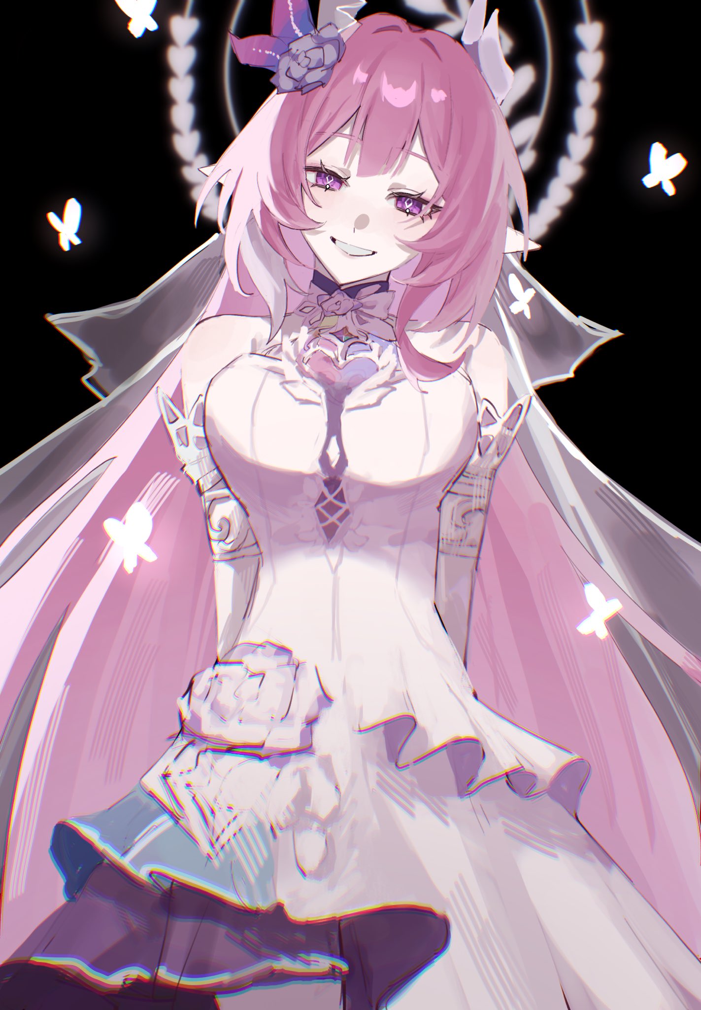 cyrene (honkai: star rail), honkai: star rail, honkai (series), commentary request, highres, 1girl, ai se na, bare shoulders, black background, breasts, bridal veil, cyrene (ripples of past reverie) (honkai: star rail), diamond-shaped pupils, diamond (shape), dress, flower, hair flower, hair ornament, halo, large breasts, long hair, multicolored hair, pink hair, purple eyes, smile, solo, symbol-shaped pupils, two-tone hair, veil, very long hair, white dress, white hair