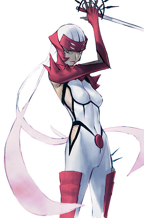 sakamoto mineji, hibana, kunoichi (game), sega, 1girl, arm up, armor, bodysuit, breasts, covered navel, cowboy shot, dual wielding, female focus, fighting stance, fishnets, from side, helmet, holding, lips, looking at viewer, ninja, ribbon, simple background, small breasts, solo, spikes, sword, weapon, white background