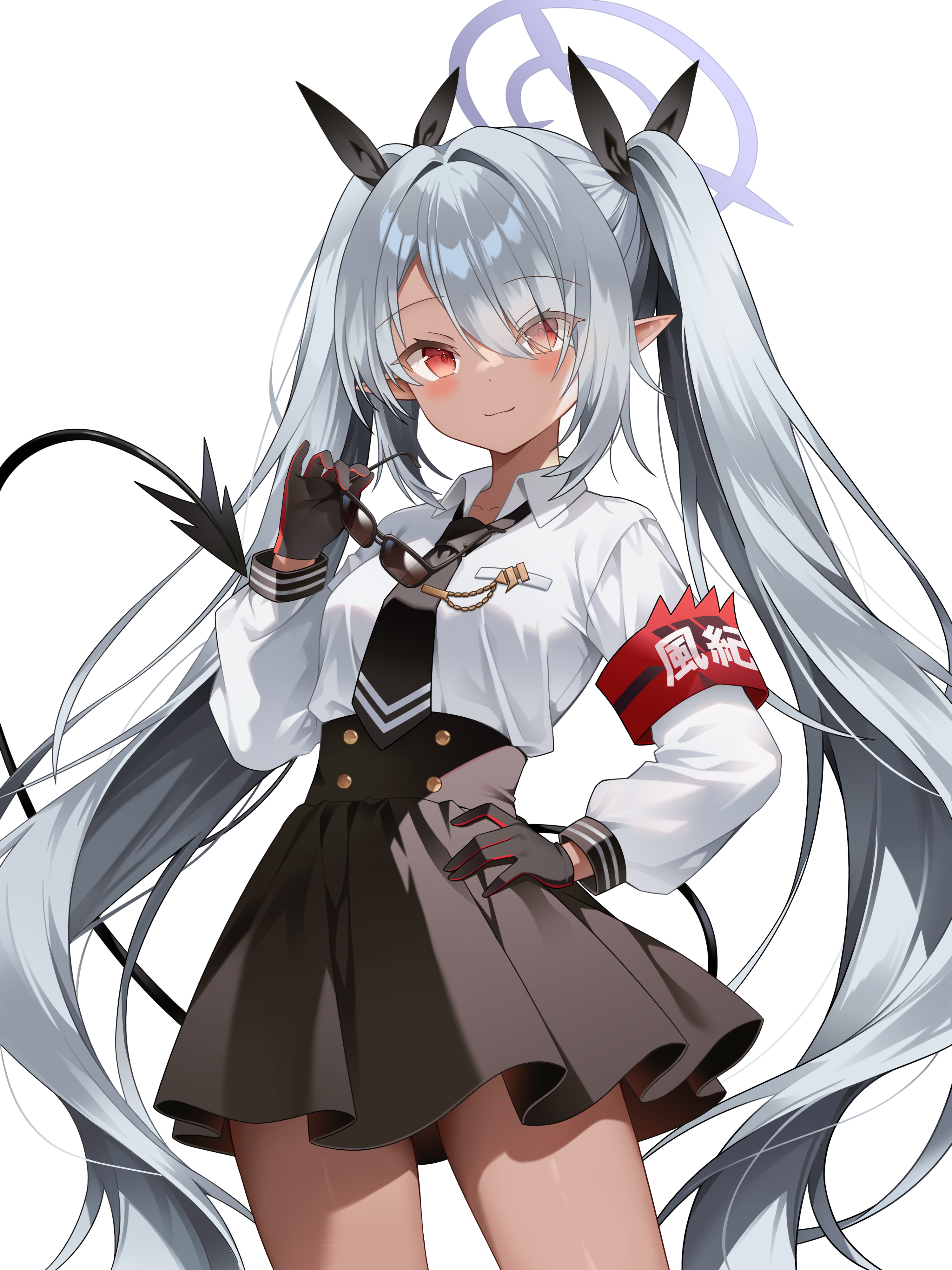 rim (rimmon2438), iori (blue archive), blue archive, absurdres, commentary, highres, 1girl, armband, black gloves, black necktie, black ribbon, black skirt, blush, closed mouth, collared shirt, cowboy shot, dark-skinned female, dark skin, demon tail, eyes visible through hair, gloves, grey hair, grey halo, hair over one eye, hair ribbon, halo, hand on own hip, high-waist skirt, holding, holding removed eyewear, long hair, long sleeves, looking at viewer, necktie, pleated skirt, pointy ears, red armband, red eyes, ribbon, shirt, simple background, skirt, solo, standing, tail, twintails, unworn eyewear, very long hair, white background, white shirt
