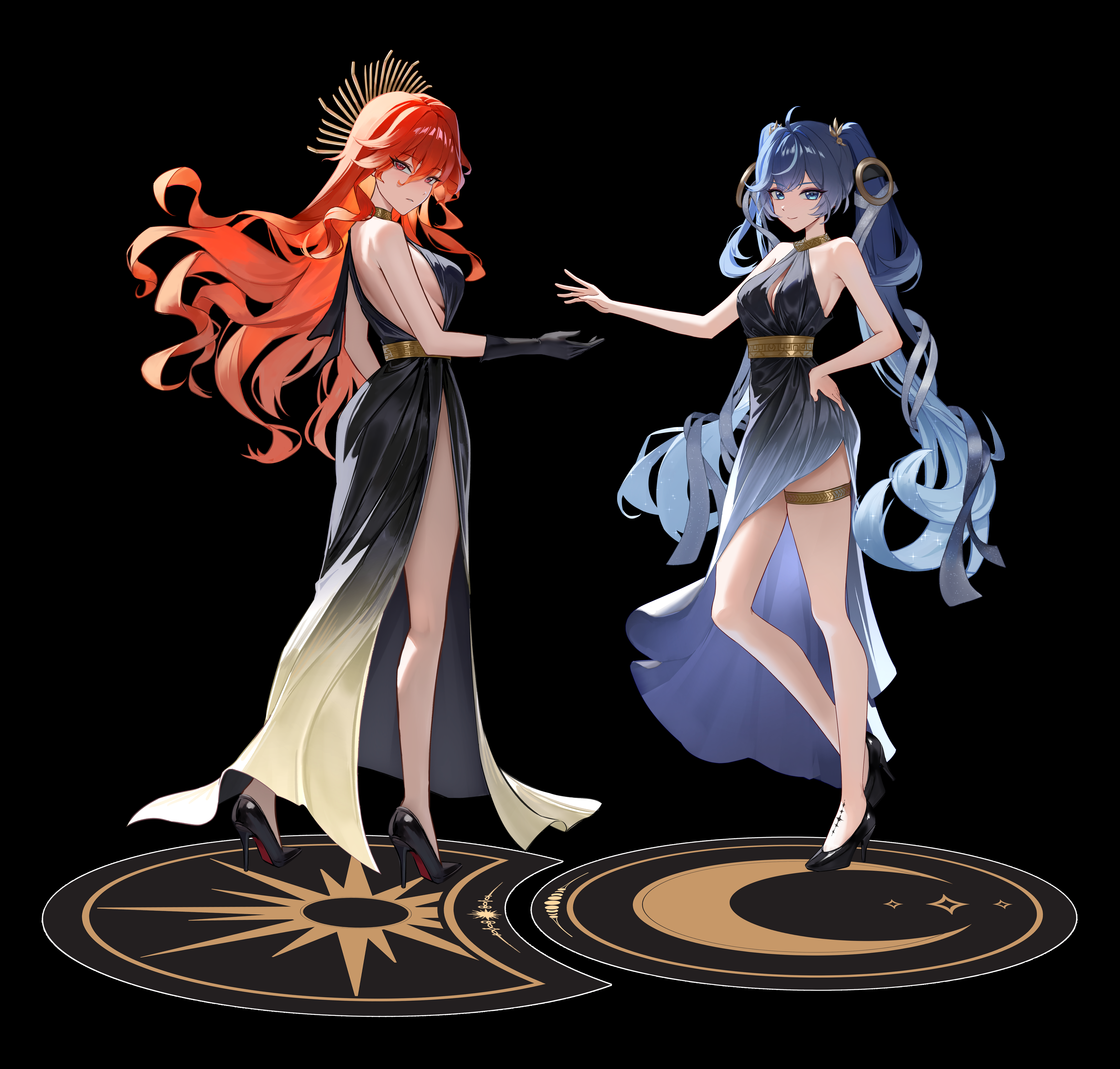 myumyu431, augusta (wuthering waves), iuno (wuthering waves), wuthering waves, absurdres, highres, 2girls, ahoge, alternate costume, bare legs, bare shoulders, black background, black dress, black gloves, black shoes, blue dress, blue eyes, breasts, center opening, closed mouth, dress, from behind, full body, gloves, gold choker, gradient clothes, gradient dress, gradient hair, hair between eyes, halterneck, hand on own hip, hand up, head wreath, headgear, high heels, jewelry, large breasts, legs, long hair, looking at viewer, looking back, missing commentary, multicolored hair, multiple girls, orange hair, red eyes, shoes, side slit, simple background, smile, standing, tacet mark (wuthering waves), thighlet, twintails, very long hair, wavy hair, yellow dress, zoom layer