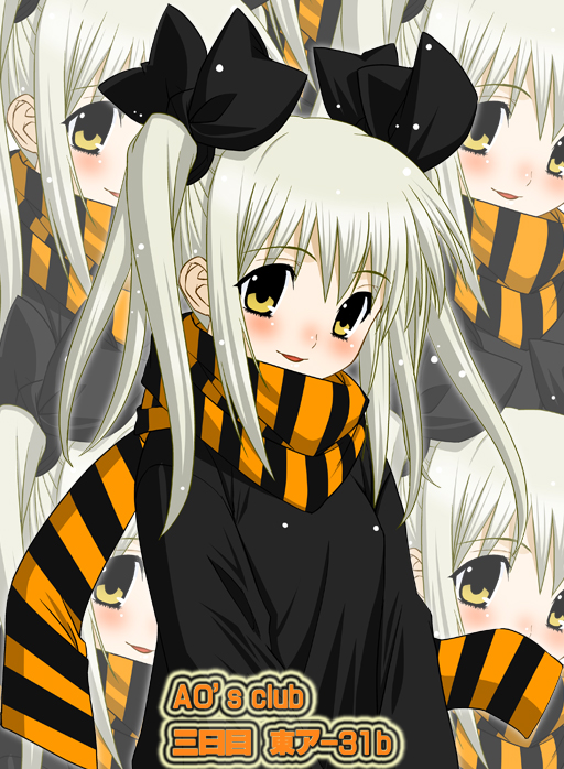 akito (ao's club), akito (artist), original, 1girl, blush, bow, hair bow, looking at viewer, multiple views, scarf, smile, striped clothes, striped scarf, twintails, upper body, white hair, yellow eyes