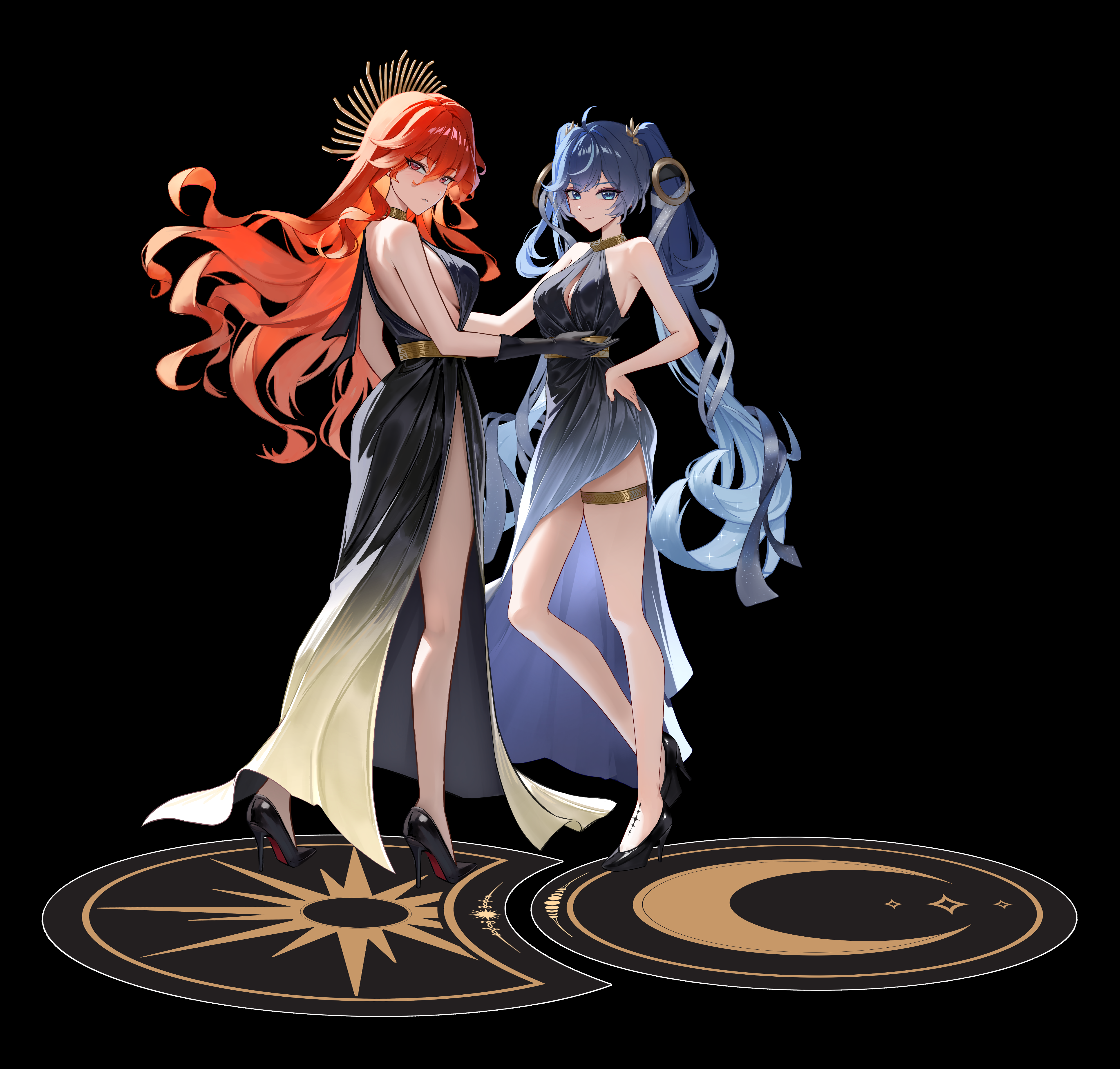 myumyu431, augusta (wuthering waves), iuno (wuthering waves), wuthering waves, absurdres, highres, 2girls, ahoge, alternate costume, bare legs, bare shoulders, black background, black dress, black gloves, black shoes, blue dress, blue eyes, breasts, center opening, closed mouth, dress, from behind, full body, gloves, gold choker, gradient clothes, gradient dress, gradient hair, hair between eyes, halterneck, hand on own hip, hand up, head wreath, headgear, high heels, jewelry, large breasts, legs, long hair, looking at viewer, looking back, missing commentary, multicolored hair, multiple girls, orange hair, red eyes, shoes, side slit, simple background, smile, standing, tacet mark (wuthering waves), thighlet, twintails, very long hair, wavy hair, yellow dress, zoom layer