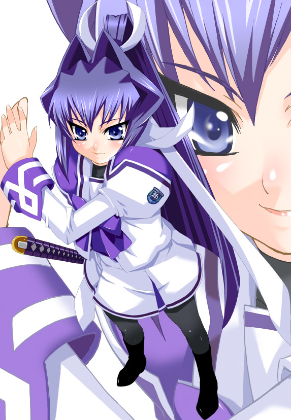 akito (ao's club), akito (artist), mitsurugi meiya, muv-luv, 1girl, blue eyes, blue hair, boots, pantyhose, school uniform, serafuku, sword, thighhighs, weapon