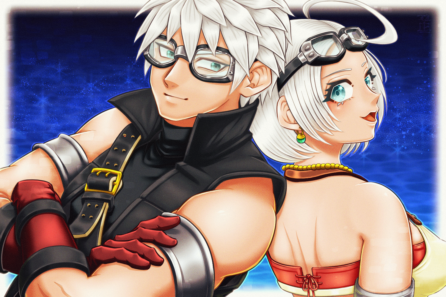 riin (dq10), dragon quest, dragon quest x, commentary request, 1boy, 1girl, ahoge, aqua eyes, armlet, back-to-back, black shirt, black vest, blue background, border, bra, breasts, crossed arms, earrings, gloves, goggles, goggles on head, isana ue (n2nomad), jewelry, large breasts, looking at another, looking back, multicolored sports bra, open mouth, raul (dq10), red gloves, red sports bra, shirt, short hair, silver armlet, sleeveless, sleeveless shirt, sleeveless turtleneck, smile, sphere earrings, spiked hair, sports bra, turtleneck, underwear, upper body, vest, white border, white hair, yellow sports bra