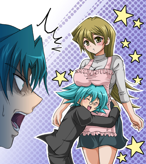 matsubara kanabun, marufuji ryo, marufuji sho, tenjouin asuka, yu-gi-oh!, yu-gi-oh! gx, 1girl, 2boys, angry, apron, blue eyes, blue hair, blush, breast press, breast rest, breasts, brothers, brown eyes, brown hair, glasses, hug, huge breasts, long hair, multiple boys, siblings, star (symbol), surprised