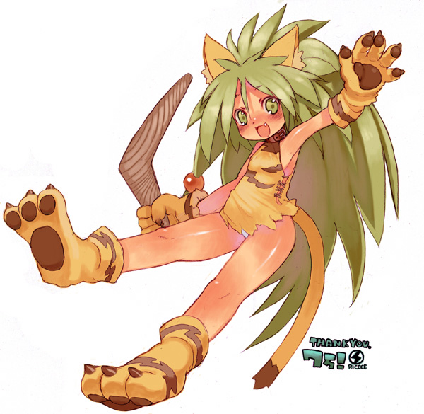 rikose, cham cham, samurai spirits, snk, 1girl, animal ears, animal hands, animal print, boomerang, cat ears, cat tail, fang, female focus, gloves, green eyes, green hair, long hair, matching hair/eyes, mittens, paw gloves, paw shoes, shoes, solo, tail, tiger print
