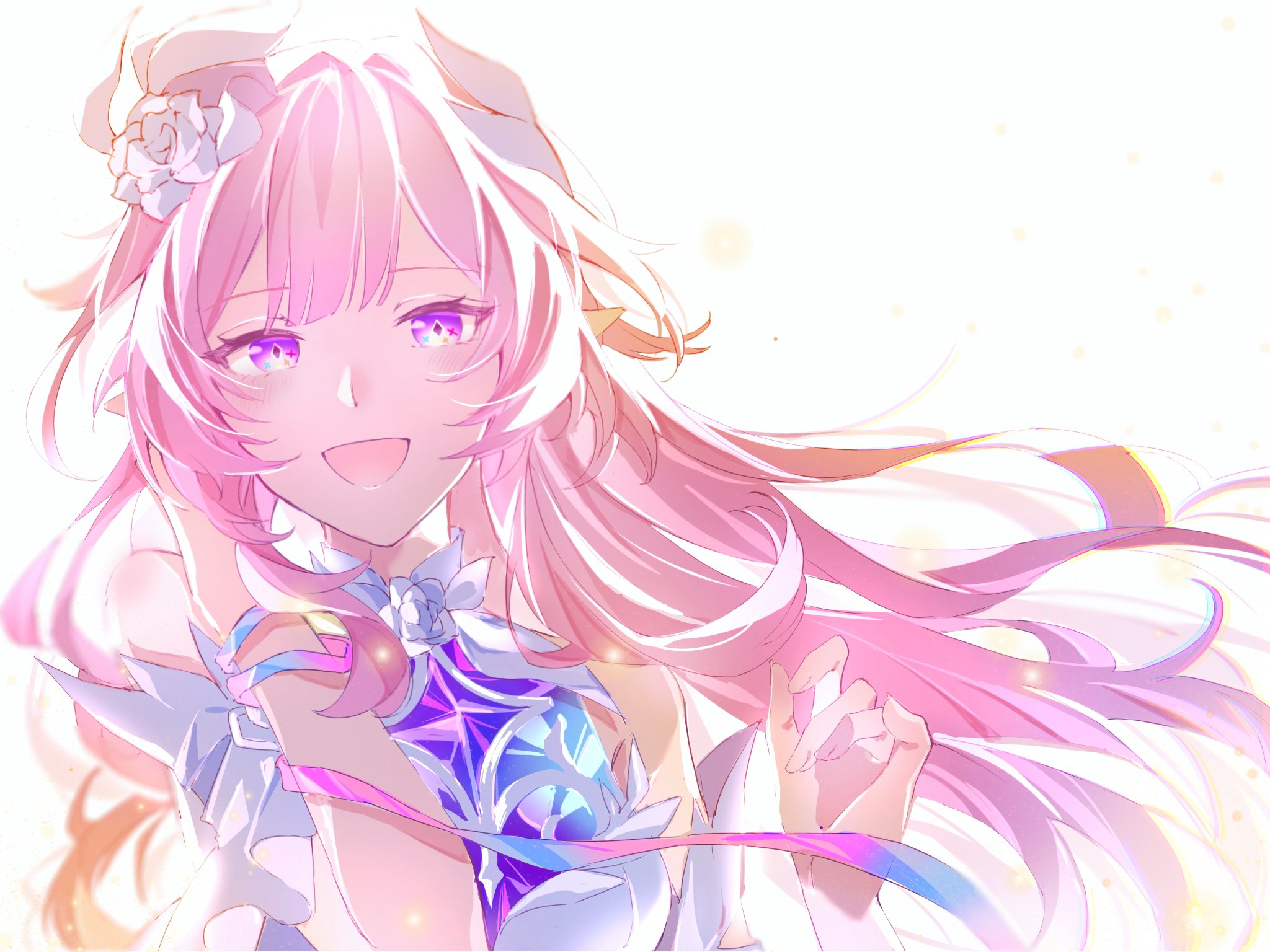cyrene (honkai: star rail), honkai: star rail, honkai (series), hashtag-only commentary, highres, 1girl, bare shoulders, cyrene (ripples of past reverie) (honkai: star rail), diamond-shaped pupils, diamond (shape), dress, flower, hair flower, hair ornament, long hair, looking at viewer, nononono bouzu, open mouth, pink hair, pointy ears, purple eyes, simple background, smile, solo, symbol-shaped pupils, upper body, very long hair, white background, white dress