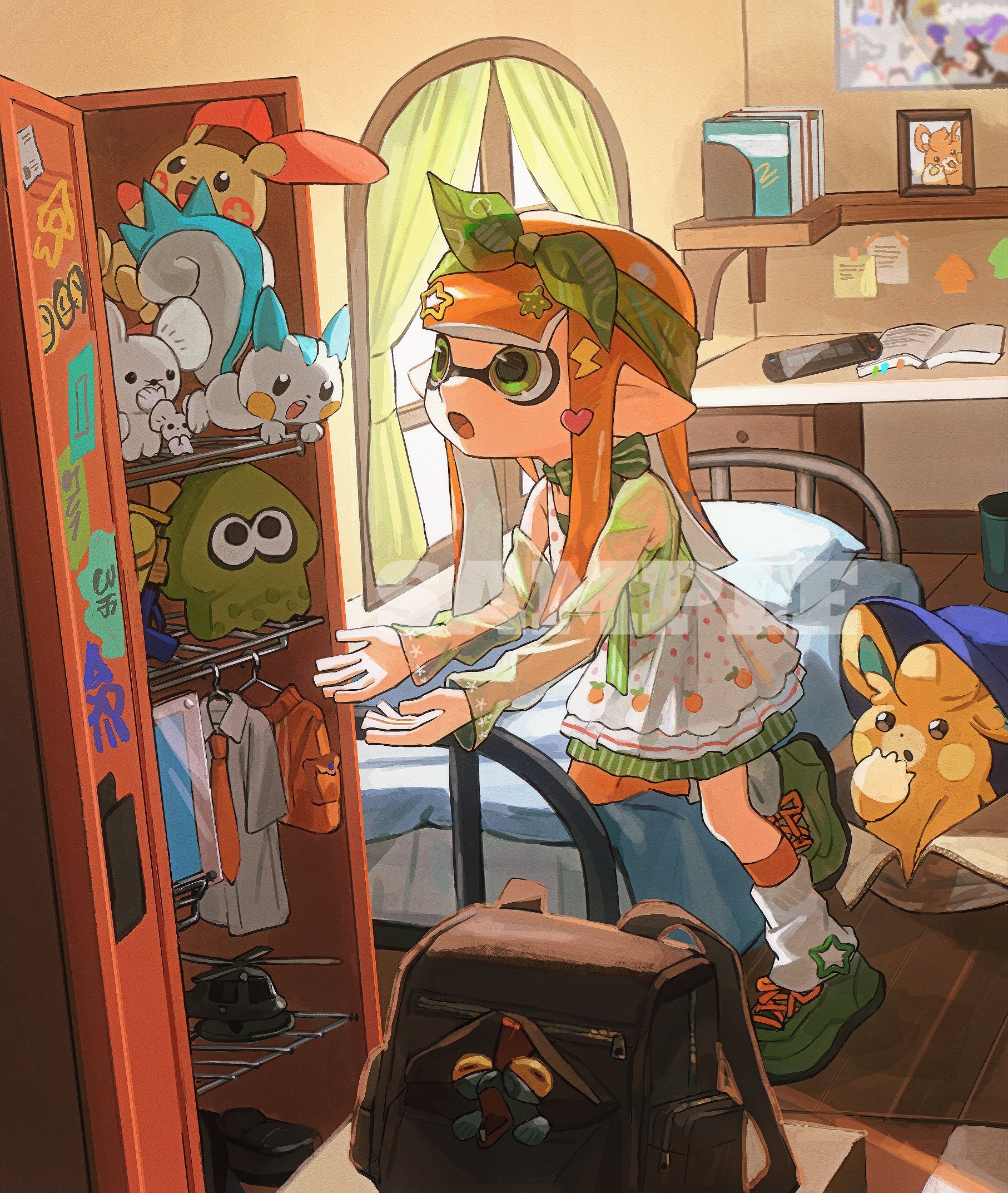 miko (15476997), inkling girl, inkling player character, pachirisu, pawmi, plusle, smallfry (splatoon), tandemaus, nintendo, pokemon, splatoon (series), commentary, highres, symbol-only commentary, 1girl, :o, bed, bedroom, bow, bow hairband, bowtie, crossover, dress, full body, gen 3 pokemon, gen 4 pokemon, green bow, green bowtie, green eyes, green hairband, green shoes, green sleeves, hair bow, hair ornament, hairband, heart, heart hair ornament, indoors, inkling, leg warmers, lightning bolt, lightning bolt hair ornament, lightning bolt symbol, locker, long hair, long sleeves, open mouth, orange hair, orange socks, pointy ears, pokemon (creature), salmonid, sample watermark, see-through clothes, see-through sleeves, shoes, socks, splattershot (splatoon), standing, standing on one leg, star (symbol), star hair ornament, tentacle hair, watermark, white dress, white leg warmers