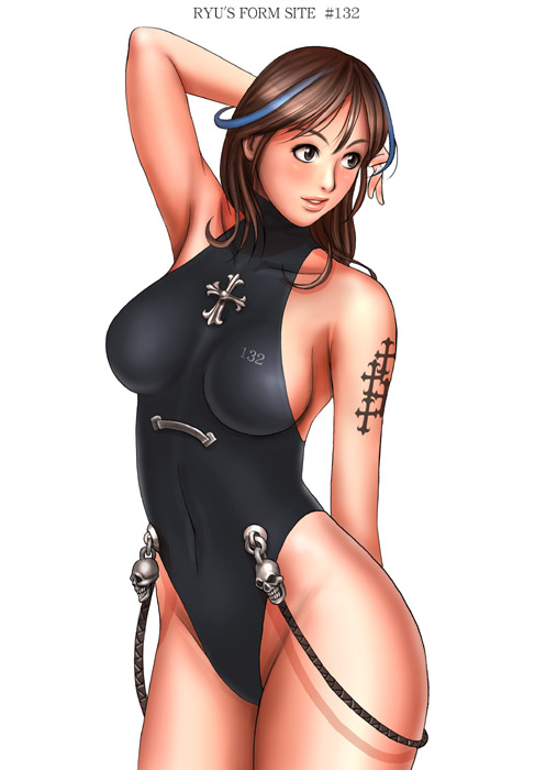 ryu (ryu's form site), 1girl, bare shoulders, contrapposto, cross, curvy, female focus, highleg, highleg one-piece swimsuit, hip focus, latin cross, one-piece swimsuit, skull, sleeveless, sleeveless turtleneck, solo, standing, swimsuit, tattoo, turtleneck