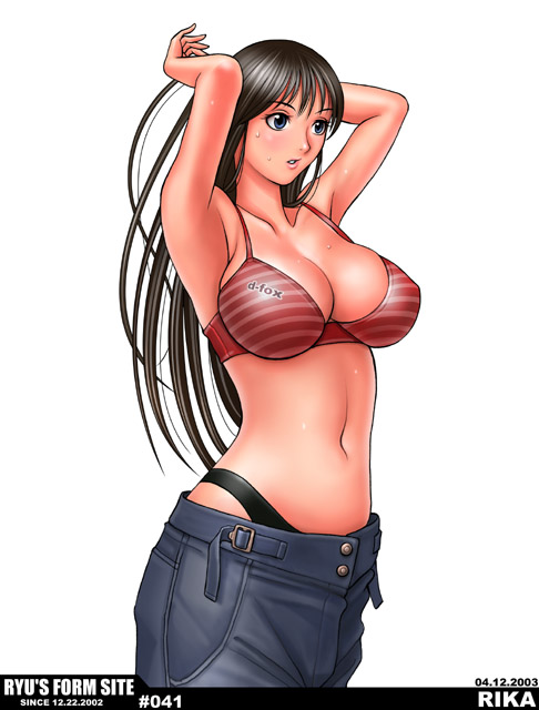 ryu (ryu's form site), striped, 1girl, armpits, arms up, bare shoulders, black hair, bra, breasts, curvy, female focus, large breasts, lingerie, long hair, panties, solo, thong, underwear