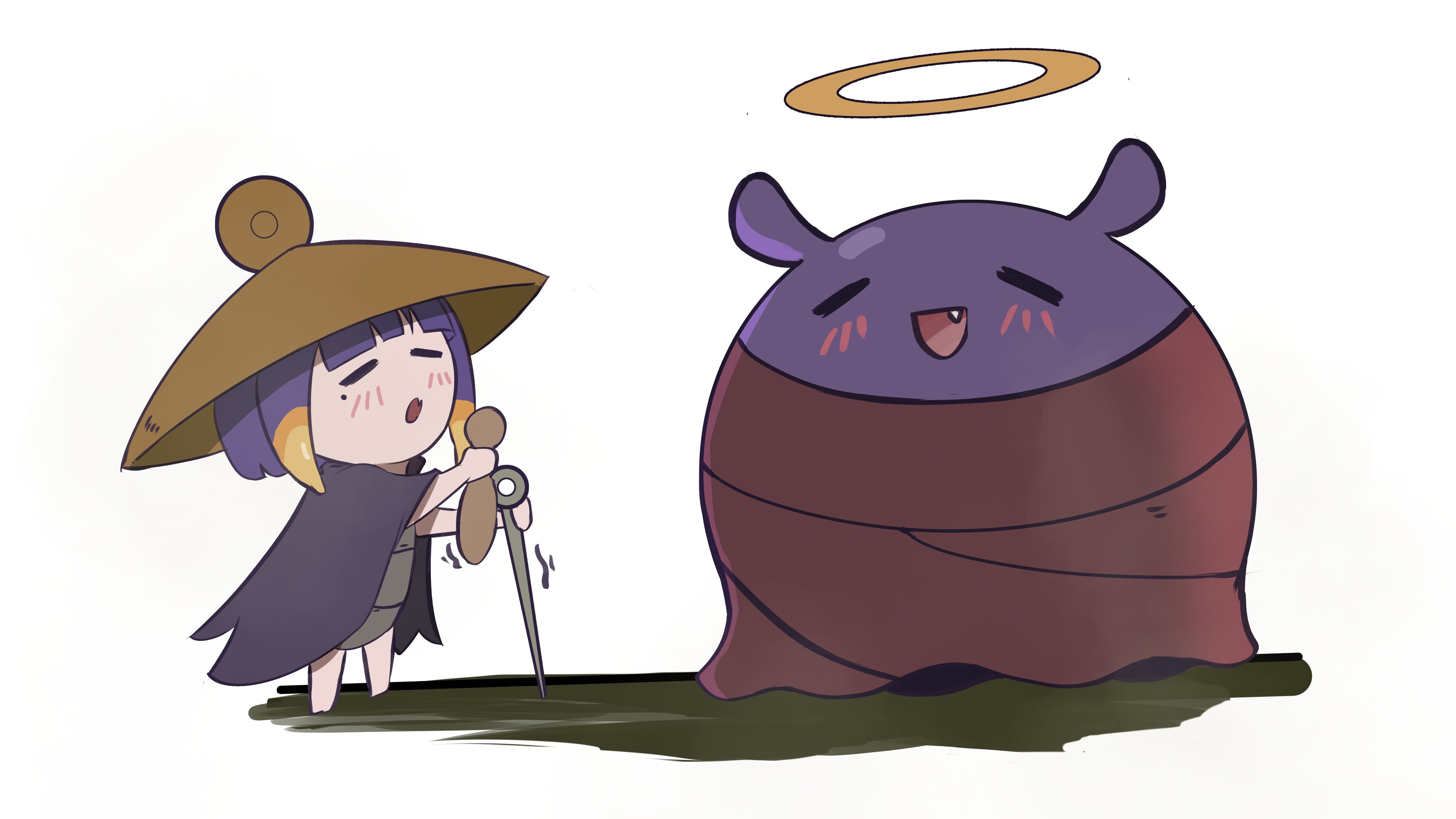 vinoillust, ninomae ina'nis, takodachi (ninomae ina'nis), hollow knight, hollow knight: silksong, hololive, hololive english, absurdres, highres, 1girl, :d, :o, = =, chibi, cosplay, fang, full body, halo, holding, holding instrument, holding sewing needle, instrument, multicolored hair, open mouth, orange hair, purple hair, sherma (hollow knight), sherma (hollow knight) (cosplay), sidelocks, simple background, skin fang, smile, solo, standing, tentacle hair, two-tone hair, virtual youtuber, white background
