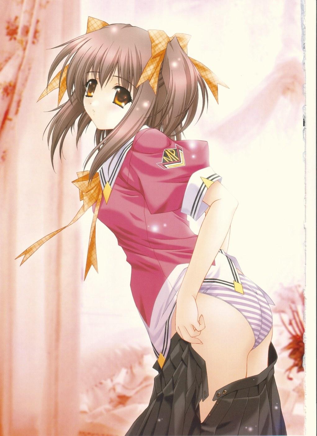kimizuka aoi, highres, 1girl, brown hair, female focus, panties, solo, striped clothes, striped panties, twintails, underwear, undressing