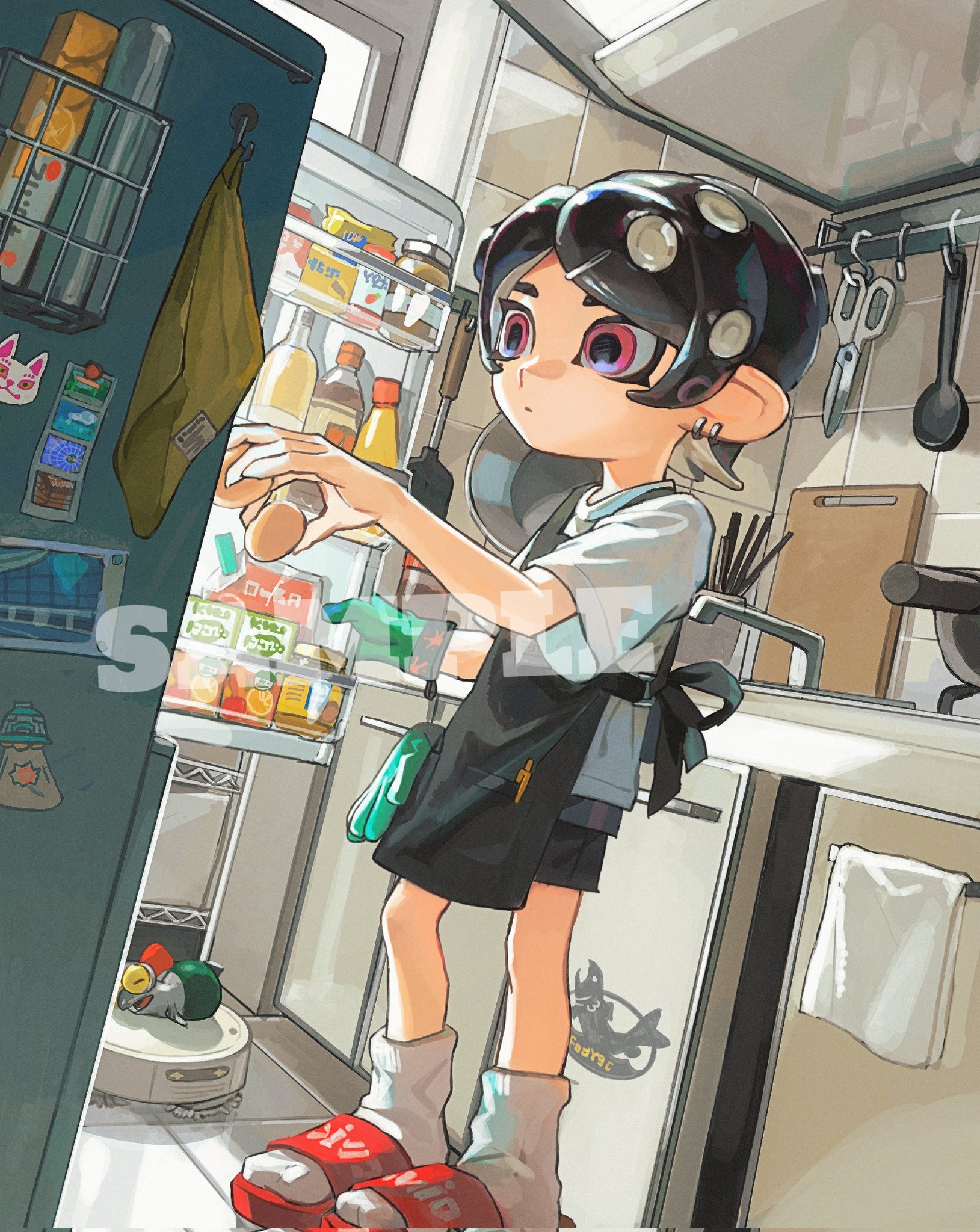 miko (15476997), octoling girl, octoling player character, smallfry (splatoon), nintendo, splatoon (series), commentary, corrupted twitter file, highres, symbol-only commentary, 1girl, apron, black apron, black hair, black shorts, closed mouth, earrings, egg, expressionless, full body, grey skirt, hair ornament, hairclip, holding, holding egg, indoors, jewelry, kitchen, octoling, parted bangs, pink eyes, red sandals, refrigerator, robotic vacuum cleaner, salmonid, sample watermark, sandals, shirt, short hair, short sleeves, shorts, shorts under skirt, skirt, socks, solo, tentacle hair, watermark, white shirt, white socks