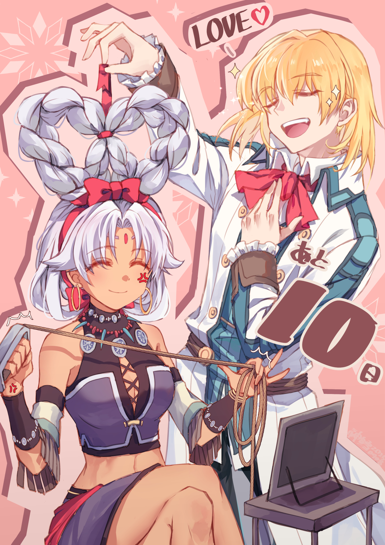 willfin, olivert reise arnor, scherazard harvey, eiyuu densetsu, sora no kiseki, highres, 1boy, 1girl, anger vein, bare shoulders, blonde hair, bow-shaped hair, closed eyes, countdown, crop top, curtained hair, dark skin, detached sleeves, earrings, english text, facial mark, forehead mark, hair between eyes, heart, holding, holding weapon, holding whip, hoop earrings, jewelry, long hair, midriff, mirror, mullet, open mouth, parted bangs, short hair, simple background, sitting, smile, stomach, weapon, whip, white hair