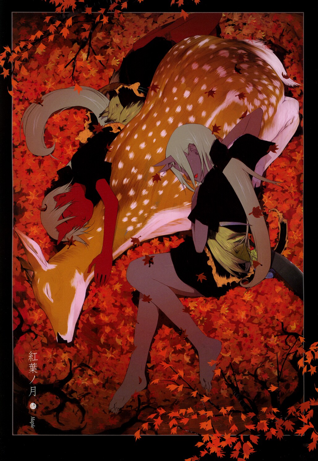 okama, hanafuda (manga), highres, scan, 2girls, barefoot, blue oni, blue skin, closed eyes, colored skin, deer, demon girl, feet, hanafuda, horns, leaf, maple leaf, multiple girls, oni, red oni, red skin, sleeping