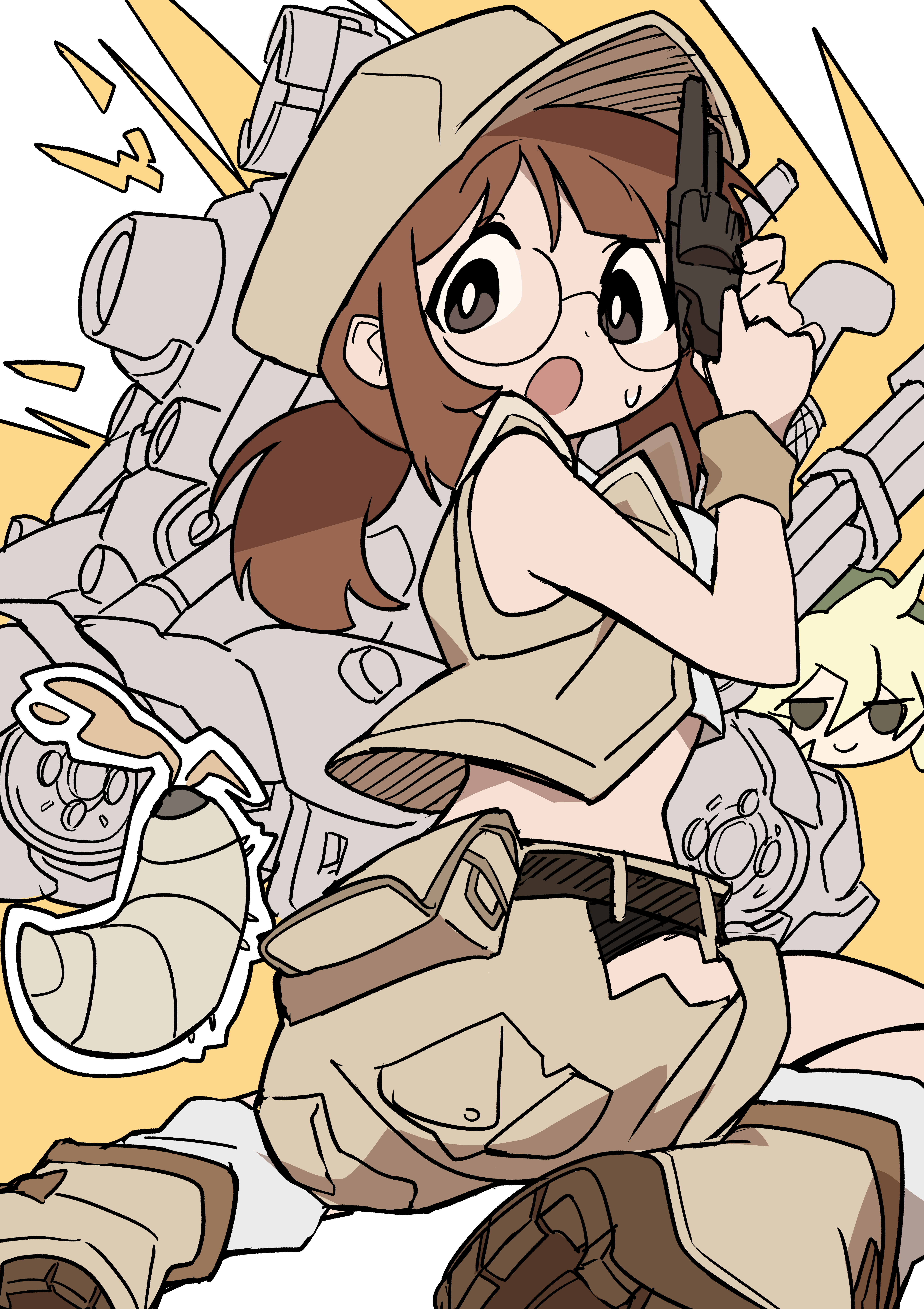 yuateheng, fio germi, kasamoto eri, metal slug, snk, absurdres, highres, huge filesize, 2girls, :o, ass, baseball cap, belt, black panties, blonde hair, boots, breasts, brown eyes, brown hair, brown shorts, brown vest, bug, clothing cutout, crop top, cropped vest, fanny pack, from behind, glasses, gun, handgun, hat, hip vent, holding, holding gun, holding weapon, looking at viewer, looking back, maggot, matching hair/eyes, midriff, military vehicle, motor vehicle, multiple girls, panties, panty peek, pistol, ponytail, revolver, round eyewear, shirt, shorts, sidelocks, sitting, sv001 (metal slug), sweat, tank, underwear, vest, wariza, weapon, white shirt
