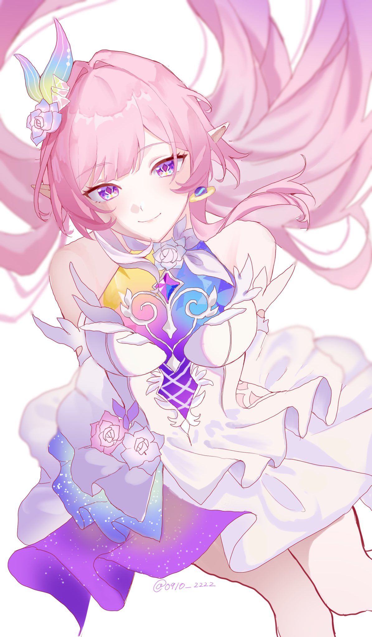 cyrene (honkai: star rail), honkai: star rail, honkai (series), commentary request, highres, 0910 2222, 1girl, bare shoulders, breasts, cyrene (ripples of past reverie) (honkai: star rail), diamond-shaped pupils, diamond (shape), dress, earrings, flower, hair flower, hair ornament, jewelry, large breasts, long hair, looking at viewer, pink hair, pointy ears, purple hair, simple background, smile, solo, symbol-shaped pupils, twitter username, very long hair, white background, white dress