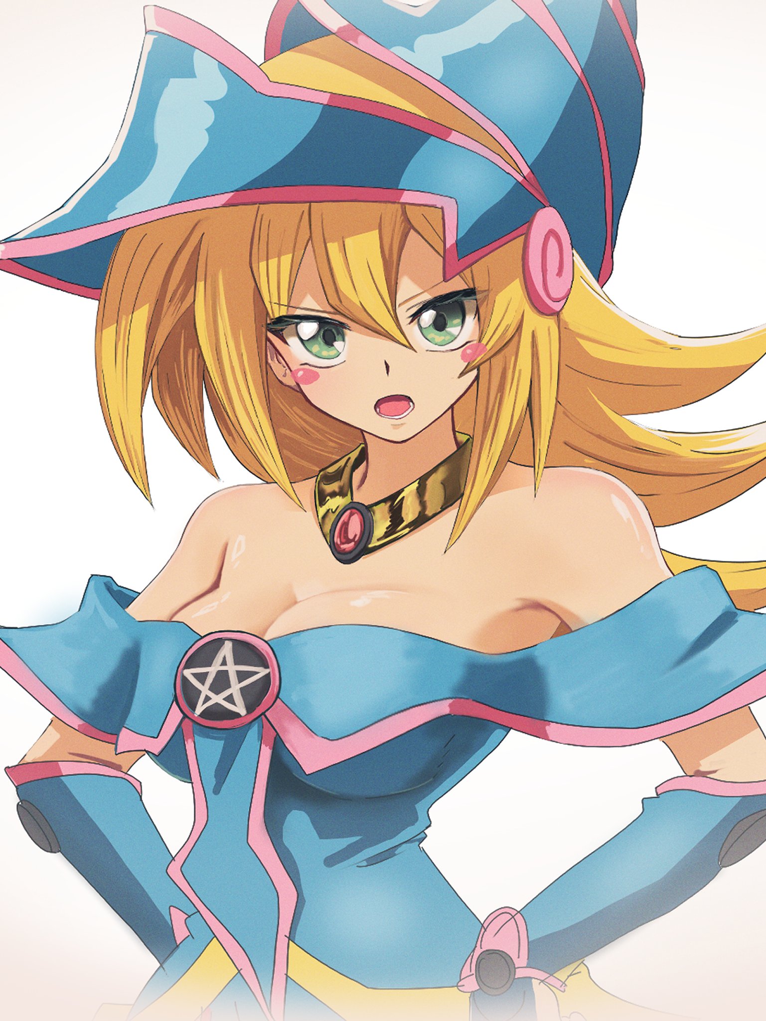 pan (ryu), dark magician girl, yu-gi-oh!, highres, 1girl, arm guards, bare shoulders, blonde hair, blue hat, blue shirt, blush stickers, breasts, cleavage, duel monster, green eyes, hair between eyes, hands on own hips, hat, jewelry, large breasts, long hair, looking at viewer, necklace, off-shoulder shirt, off shoulder, open mouth, pentacle, phrygian helmet, shirt, solo, white background