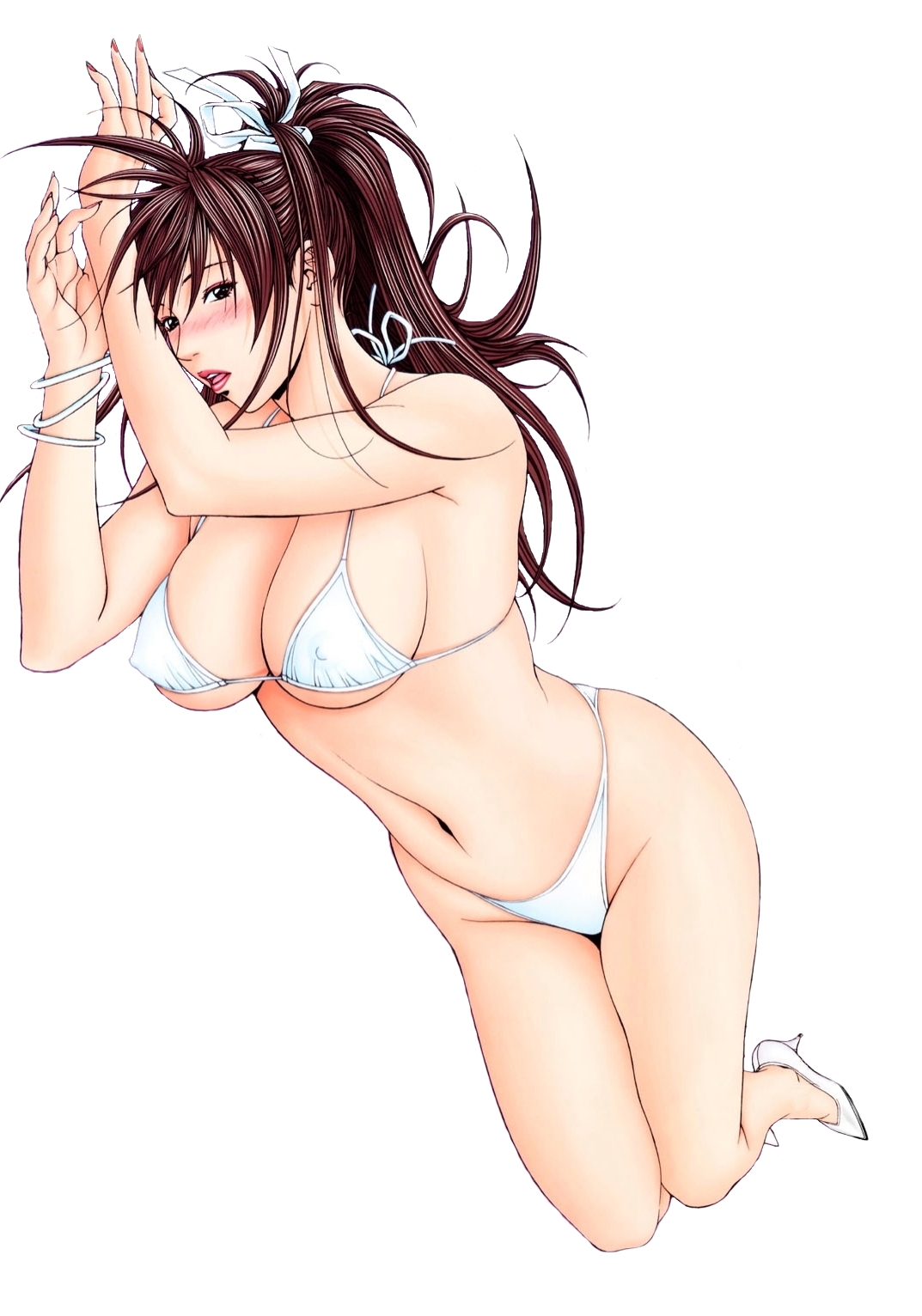 yagami hiroki, shihoudou yuki, g-taste, highres, 1girl, armpits, bare shoulders, bikini, blush, bracelet, breasts, brown eyes, brown hair, cleavage, covered erect nipples, female focus, fingernails, full body, groin, hair ribbon, high heels, jewelry, kneeling, large breasts, legs, lips, lipstick, long fingernails, long hair, looking at viewer, makeup, micro bikini, nail (hardware), nail polish, navel, open mouth, ponytail, ribbon, shoes, solo, swimsuit, thighs, underboob, white bikini