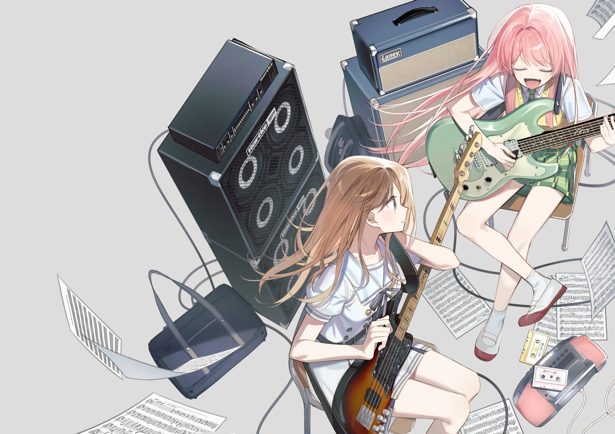 yojeong dimseom, nagasaki soyo, bang dream!, bang dream! it's mygo!!!!!, commentary request, highres, korean commentary, 2girls, amplifier, bag, bass guitar, brown hair, brown sweater vest, cable, cassette tape, chair, closed eyes, dress, fang, floating hair, green necktie, green skirt, grey background, grey eyes, grey hair, haneoka school uniform, instrument, long hair, looking at another, multiple girls, neck ribbon, necktie, open mouth, pink hair, plaid clothes, plaid skirt, pleated skirt, ribbon, school bag, school chair, school uniform, sheet music, shirt, shoes, short sleeves, simple background, sitting, skirt, socks, sweater vest, tsukinomori school uniform, uwabaki, white dress, white shirt, white socks