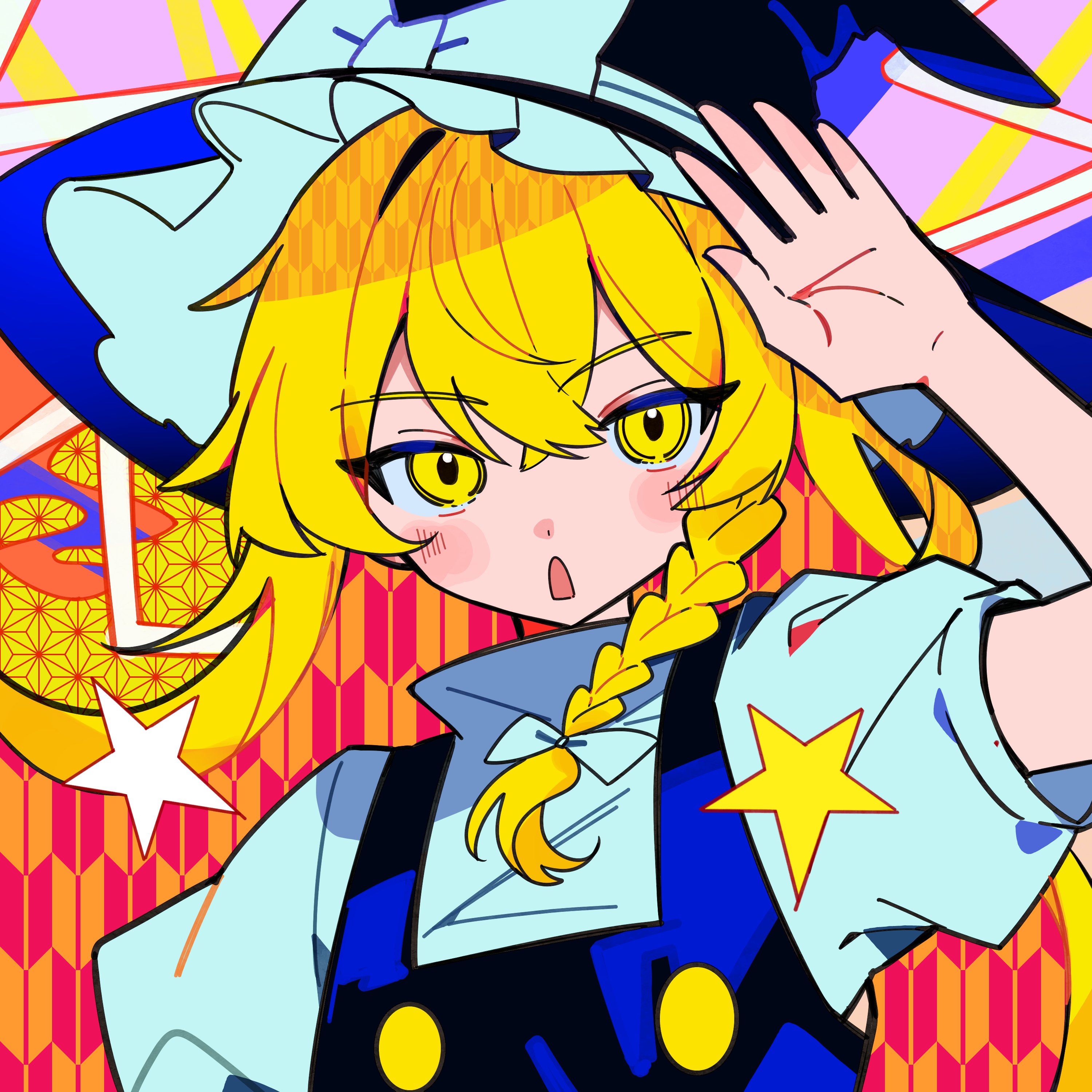 rotoi 1234, kirisame marisa, touhou, absurdres, commentary, highres, 1girl, arm up, asa no ha (pattern), black hat, blonde hair, bow, braided sidelock, buttons, crossed bangs, double-breasted, hair bow, hat, hat bow, open mouth, short sleeves, solo, white bow, witch hat, yellow eyes