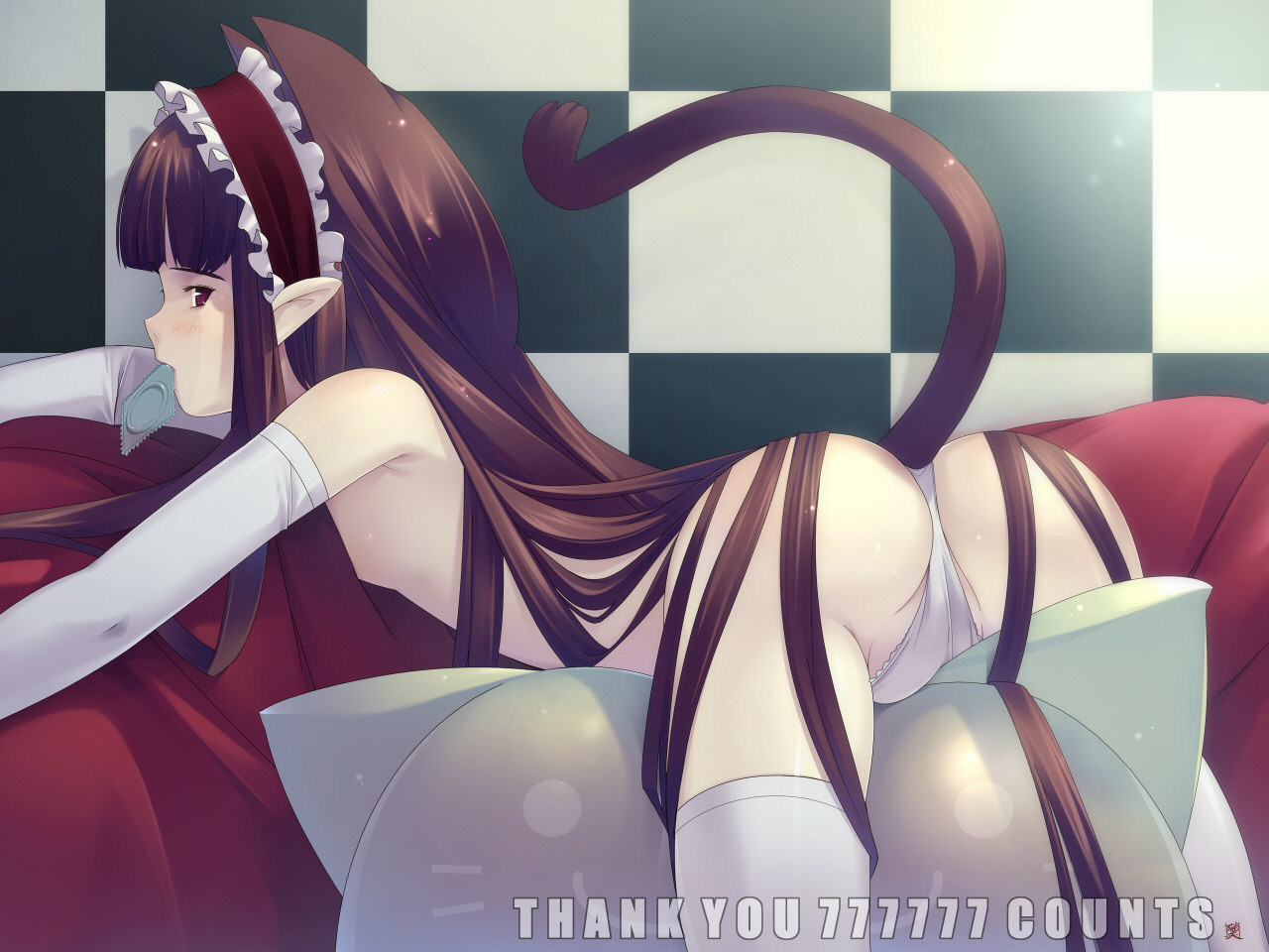 fujishiro touma, 1girl, animal ears, ass, bent over, brown hair, cat ears, cat tail, condom, condom in mouth, crotch rub, elbow gloves, fat mons, female focus, female masturbation, flat chest, gloves, goth fashion, long hair, looking back, lying, masturbation, mouth hold, panties, pillow humping, pointy ears, solo, tail, thighhighs, top-down bottom-up, underwear, very long hair, white gloves, white panties, white thighhighs