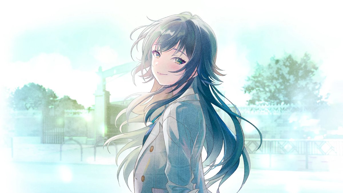 tsukimura temari, gakuen idolmaster, idolmaster, artist request, commentary request, official art, second-party source, 1girl, blurry, blurry background, buttons, closed mouth, collared jacket, eyelashes, from side, green eyes, green hair, grey jacket, jacket, long hair, looking at viewer, looking to the side, plaid clothes, plaid jacket, smile, solo, tree, turning head, upper body