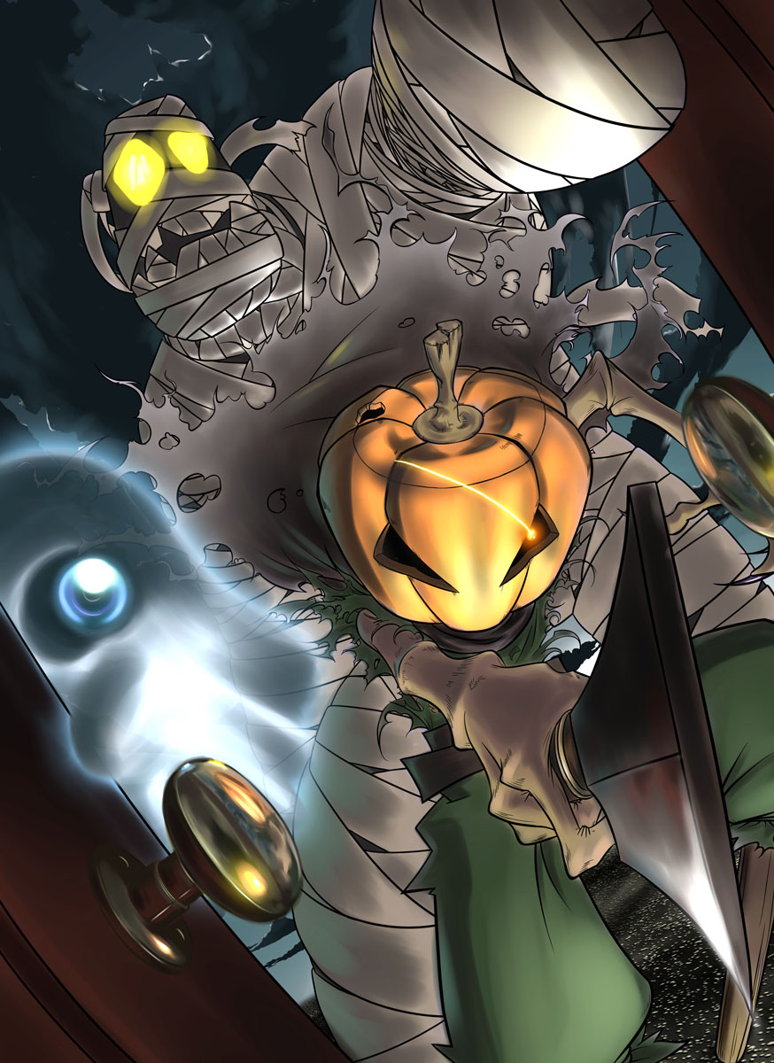 terazo, highres, ghost, halloween, jack-o'-lantern, knife, mummy, no humans, pumpkin