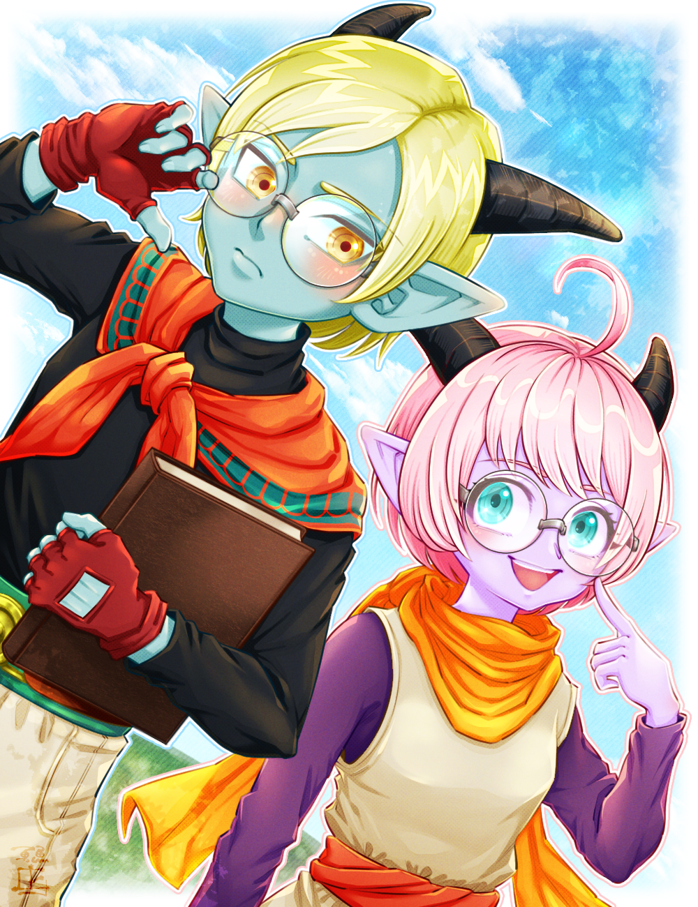 dragon quest, dragon quest x, commentary request, highres, 1boy, 1girl, :d, ahoge, aqua eyes, aqua skin, belt, bespectacled, black horns, black shirt, blonde hair, blue sky, blush, book, border, brown pants, cloud, colored skin, dragon boy, dragon girl, dragon horns, fingerless gloves, glasses, gloves, green belt, holding, holding book, horns, isana ue (n2nomad), looking at another, monster boy, monster girl, open mouth, orange scarf, orange shawl, pants, pink hair, pointy ears, purple shirt, purple skin, red gloves, red sash, riruchera, round eyewear, saje (dq10), sash, scarf, shawl, shirt, short hair, sky, smile, tunic, upper body, white border, yellow eyes, yellow tunic