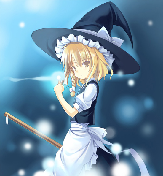 poco (asahi age), kirisame marisa, perfect cherry blossom, touhou, 1girl, blonde hair, broom, female focus, hat, magic, snow, snowing, solo, witch, witch hat
