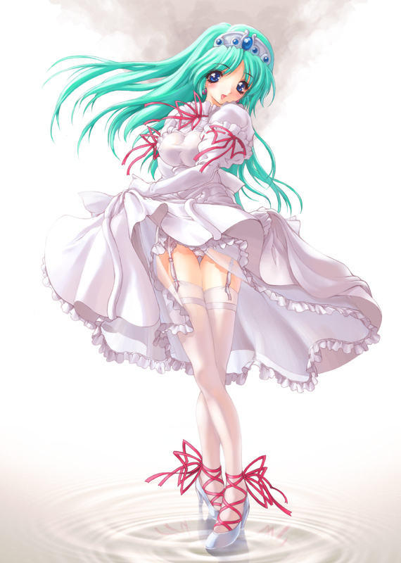 miwa yoshikazu, princess melora, twinbee, 1girl, blue eyes, blush, clothes lift, crossed legs, crown, dress, dress lift, elbow gloves, female focus, footwear ribbon, frills, garter belt, gloves, green hair, happy, hat, high heels, long hair, open mouth, panties, ribbon, ripples, skirt, skirt lift, smile, solo, standing, thigh gap, thighhighs, thighs, tiara, underwear, watson cross, white dress, white panties, white thighhighs