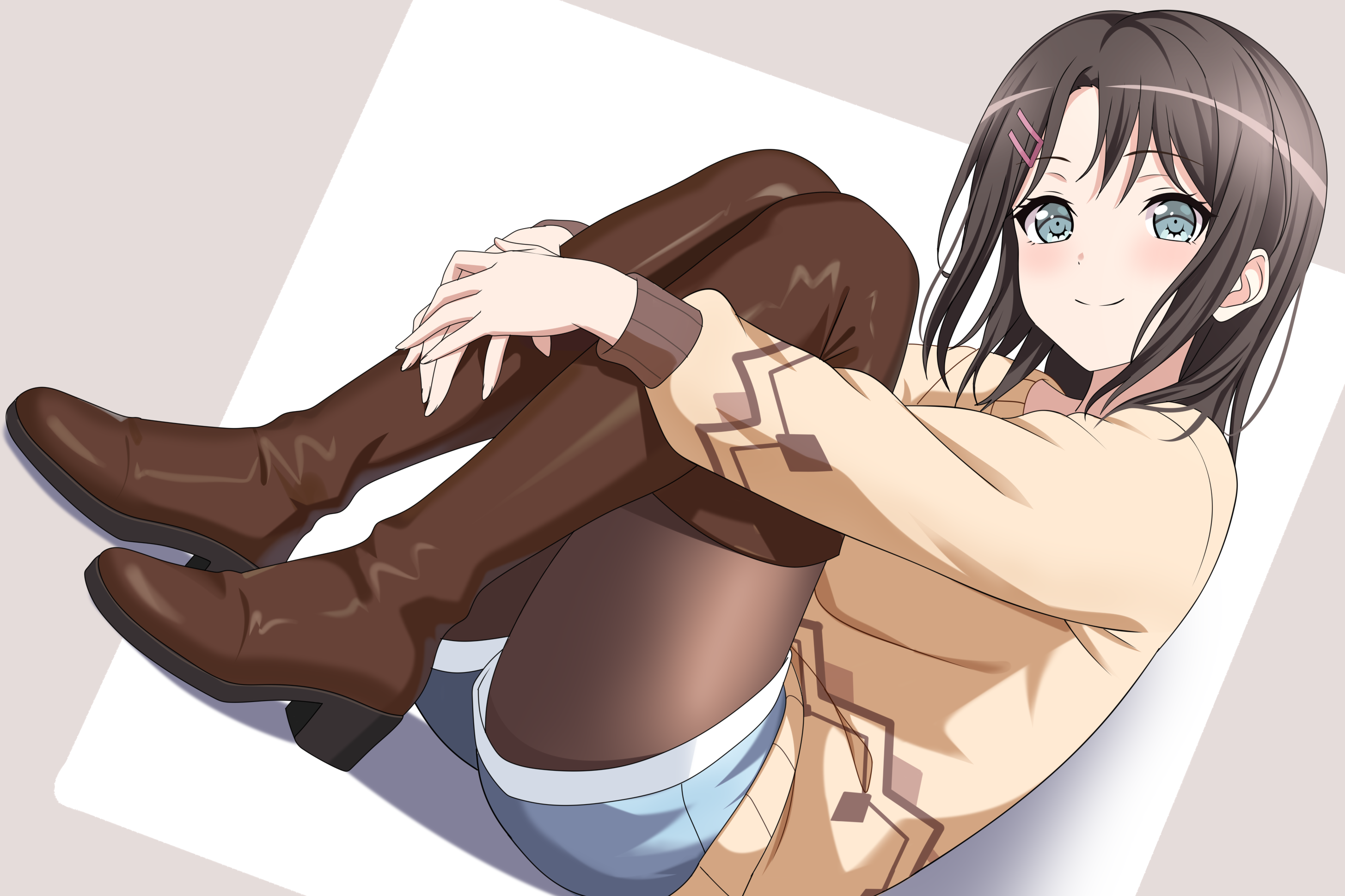 fries vanquisher, okusawa misaki, bang dream!, commentary, commission, highres, pixiv commission, 1girl, black hair, blue eyes, blue shorts, blush, boots, brown boots, brown pantyhose, brown sweater, closed mouth, hair ornament, hairclip, hugging own legs, long sleeves, medium hair, pantyhose, pantyhose under shorts, shorts, sitting, solo, sweater, thigh boots