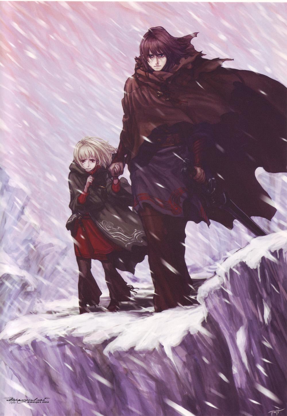 caim (drag-on dragoon), manah, drag-on dragoon, drag-on dragoon 2, highres, 1boy, 1girl, arms at sides, bags under eyes, child, cloak, full body, holding, holding hands, holding sword, holding weapon, motion blur, side-by-side, snow, snowing, standing, sword, torn clothes, weapon
