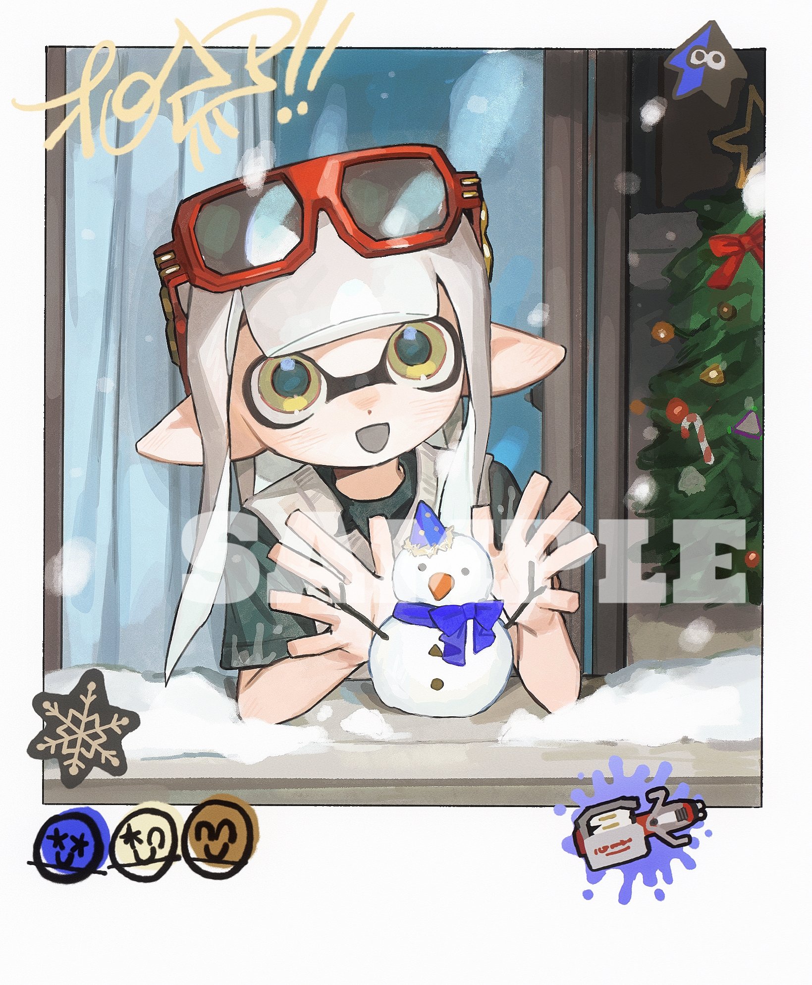 miko (15476997), inkling girl, inkling player character, nintendo, splatoon (series), commentary, highres, symbol-only commentary, 1girl, :d, black shirt, eyewear on head, grey tongue, heavy edit splatling (splatoon), inkling, long hair, open hands, open mouth, pointy ears, red-framed eyewear, sample watermark, shirt, short sleeves, smile, snowman, solo, sunglasses, sweater vest, tentacle hair, watermark, white hair, white sweater vest, yellow eyes