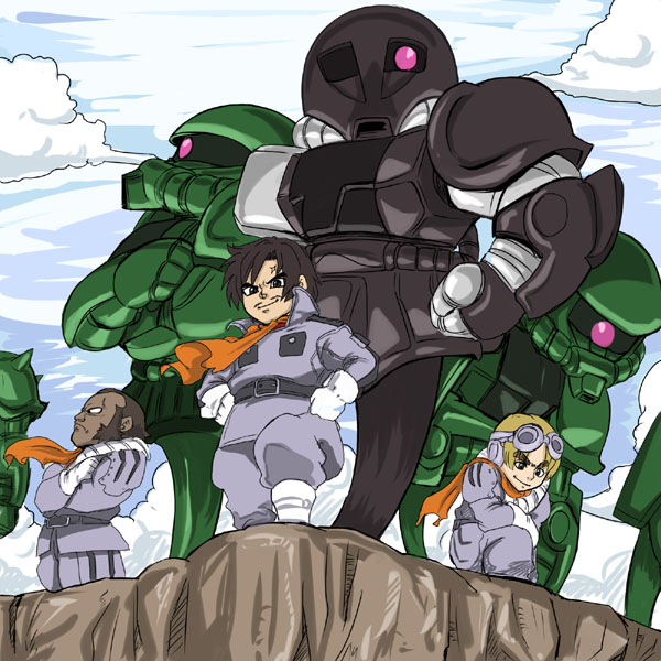 borjarnon, borjarnon gavane gooney custom, gavane gooney, zaku, zaku i, zaku ii, blue dragon, gundam, jojo no kimyou na bouken, turn a gundam, 3boys, male focus, multiple boys, parody, shadow, stand (jojo)