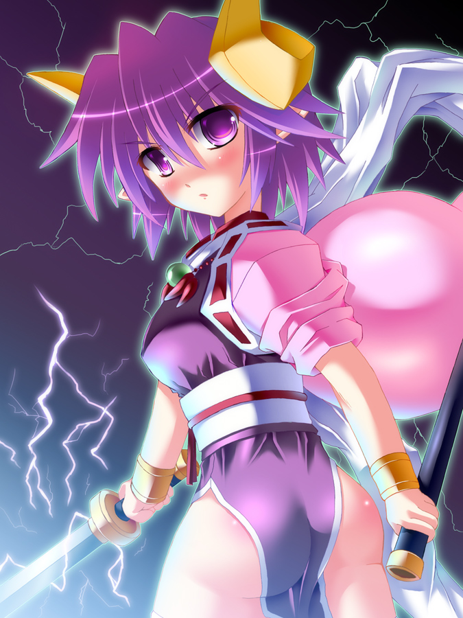 futaba shion, utanone shion, shion (shinrabanshou), shinrabanshou, 1girl, ass, demon girl, female focus, horns, purple eyes, purple hair, solo, sword, weapon