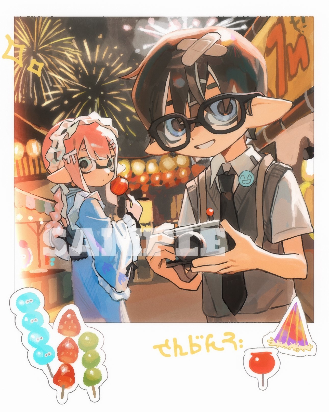 miko (15476997), inkling boy, inkling girl, inkling player character, nintendo, splatoon (series), commentary, highres, symbol-only commentary, 1boy, 1girl, aerial fireworks, bandaid, bandaid on head, black-framed eyewear, black hair, black hairband, black necktie, blue eyes, blue kimono, border, braid, camera, camera around neck, candy apple, collared shirt, crossed bandaids, festival, fireworks, food, frilled kimono, frills, glasses, grey sweater vest, grin, hairband, holding, holding camera, holding candy apple, holding food, inkling, japanese clothes, kimono, long hair, long sleeves, looking at viewer, necktie, pink eyes, pink hair, pointy ears, sample watermark, shirt, short hair, smile, sweater vest, tentacle hair, watermark, white border, white shirt, wide sleeves