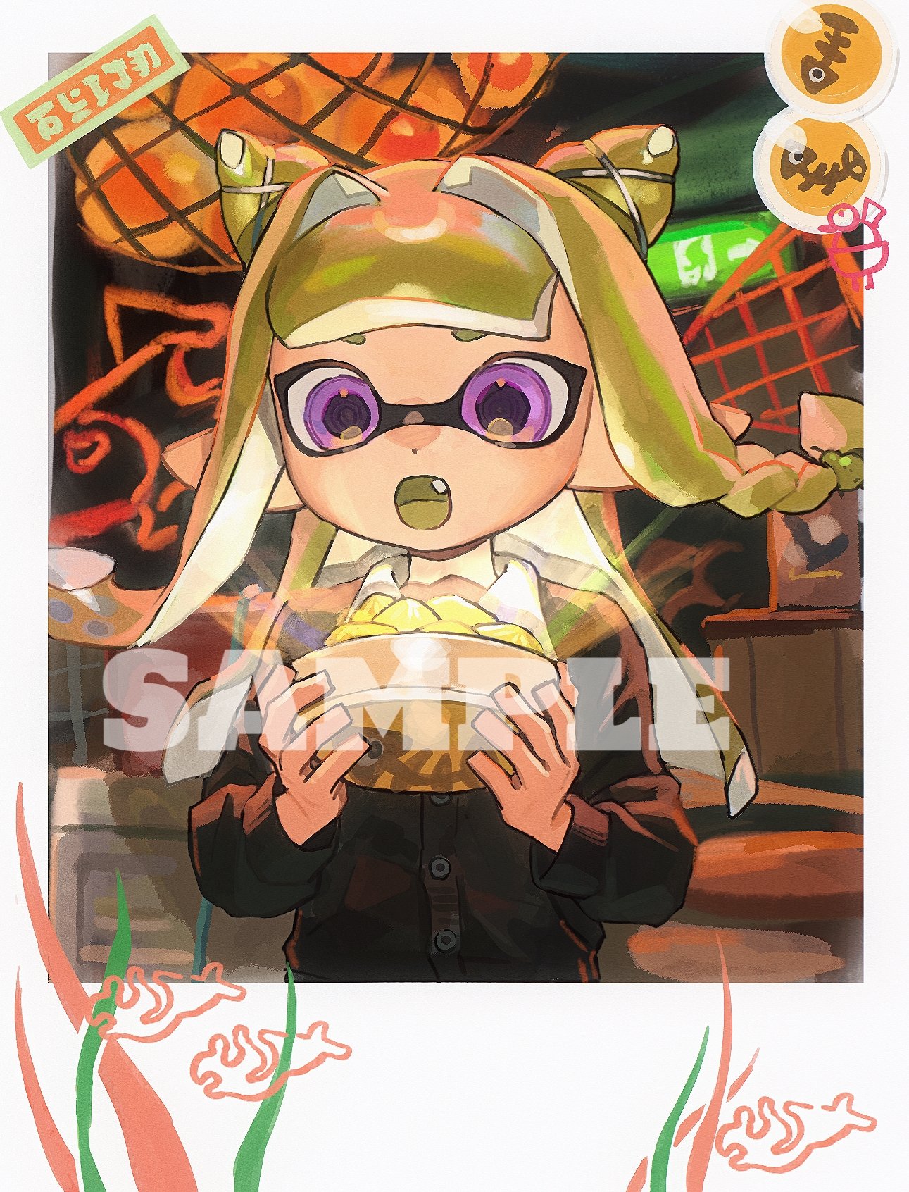 miko (15476997), inkling girl, inkling player character, nintendo, splatoon (series), commentary, highres, symbol-only commentary, 1girl, :o, black cardigan, border, braid, cardigan, collared shirt, colored tongue, fang, floating hair, golden egg (splatoon), green hair, green tongue, hair horns, hair intakes, hair ornament, holding, inkling, long hair, long pointy ears, long sleeves, open mouth, pointy ears, purple eyes, salmon run (splatoon), sample watermark, shirt, single braid, solo, tentacle hair, very long hair, watermark, white border, white shirt, x hair ornament