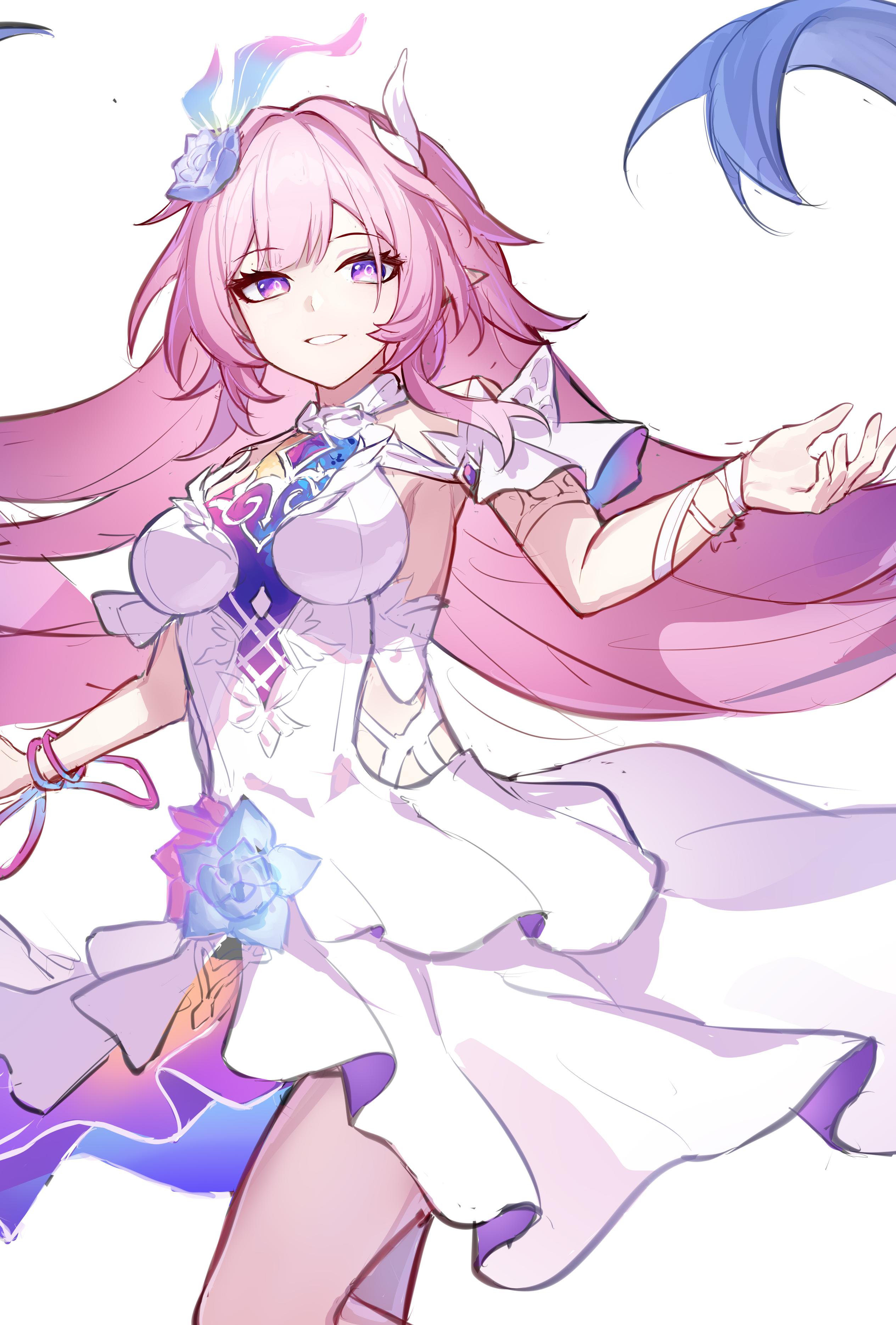 kather, cyrene (honkai: star rail), honkai: star rail, honkai (series), absurdres, highres, unfinished, 1girl, blue hair, breasts, bright pupils, cyrene (ripples of past reverie) (honkai: star rail), dress, feet out of frame, gradient hair, hair ornament, hand up, long hair, medium breasts, missing commentary, multicolored hair, parted lips, pink hair, purple eyes, simple background, smile, solo, white background, white dress, white pupils