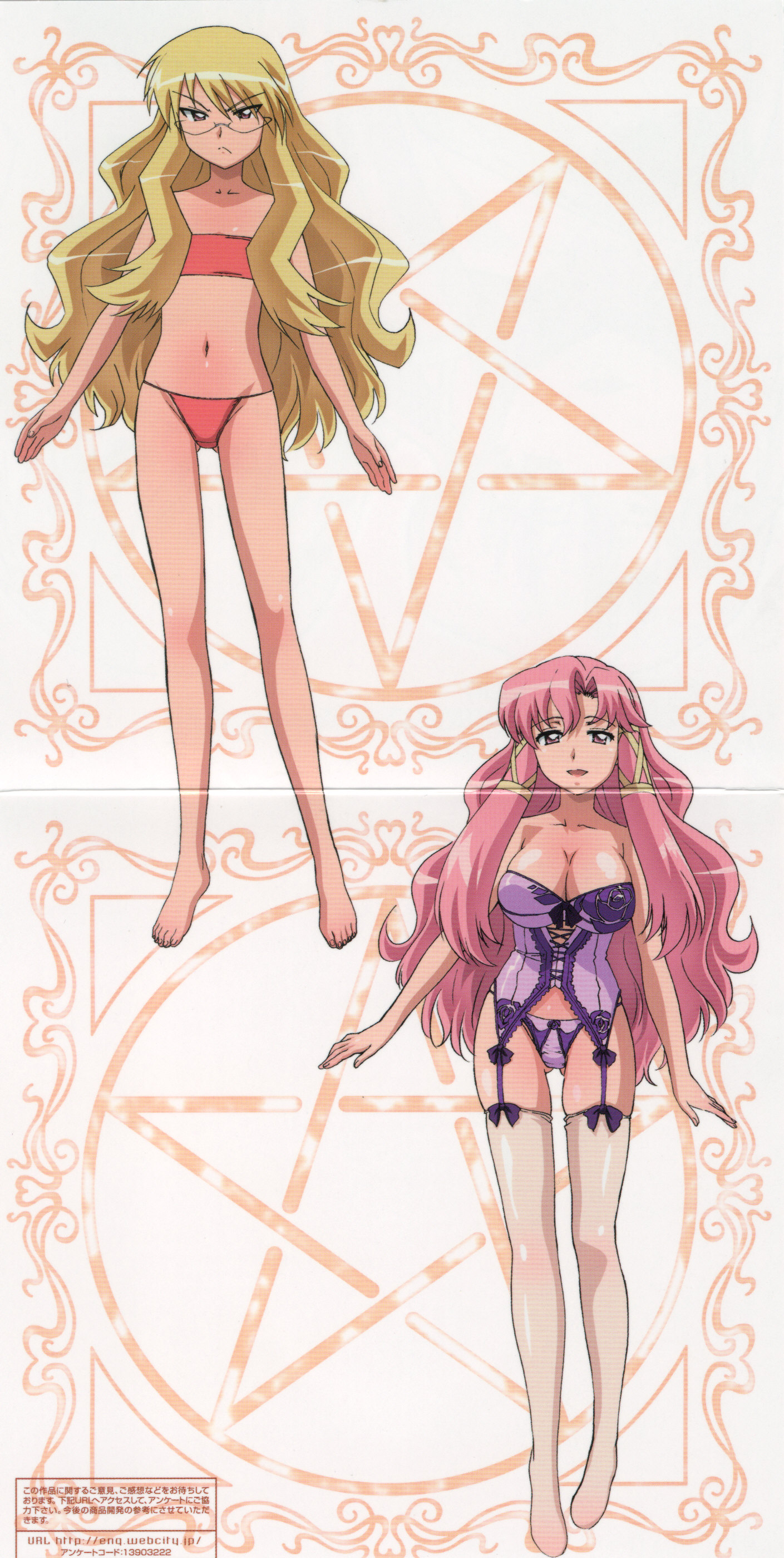 cattleya yvette la baume le blanc de la fontaine, eleanor albertine le blanc de la blois de la valliere, zero no tsukaima, absurdres, artist request, highres, scan, scan artifacts, 00s, 2girls, bare shoulders, blonde hair, bra, breasts, bustier, cleavage, large breasts, lingerie, long legs, multiple girls, panties, pink hair, small breasts, thighhighs, underwear, underwear only