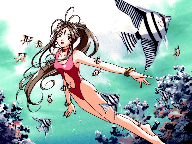 belldandy, aa megami-sama, 1990s (style), 1girl, anklet, bracelet, brown hair, casual one-piece swimsuit, coral, facial mark, female focus, fish, forehead mark, freediving, jewelry, long hair, one-piece swimsuit, retro artstyle, solo, swimsuit, underwater, very long hair