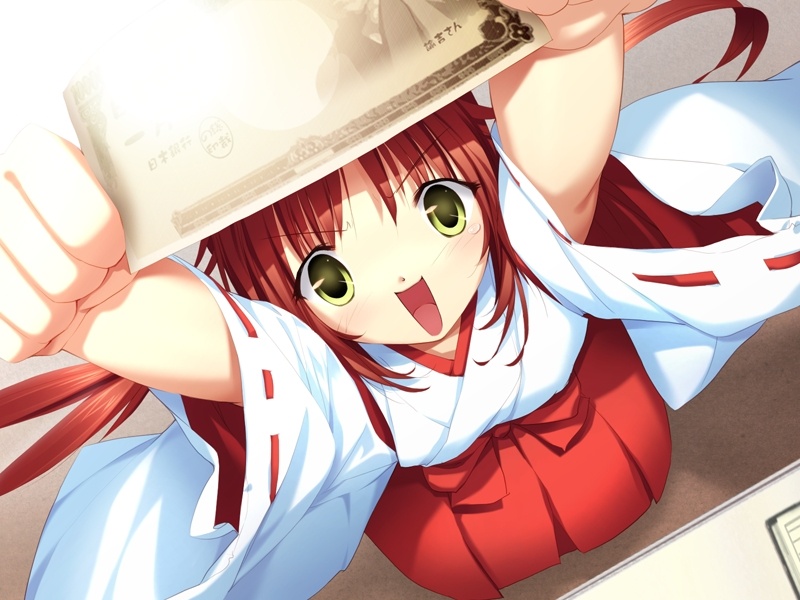 ueda ryou, oosawa akane, mikomai, game cg, get, 1girl, female focus, hakama, hakama skirt, japanese clothes, miko, money, red hair, red hakama, skirt, solo, yellow eyes