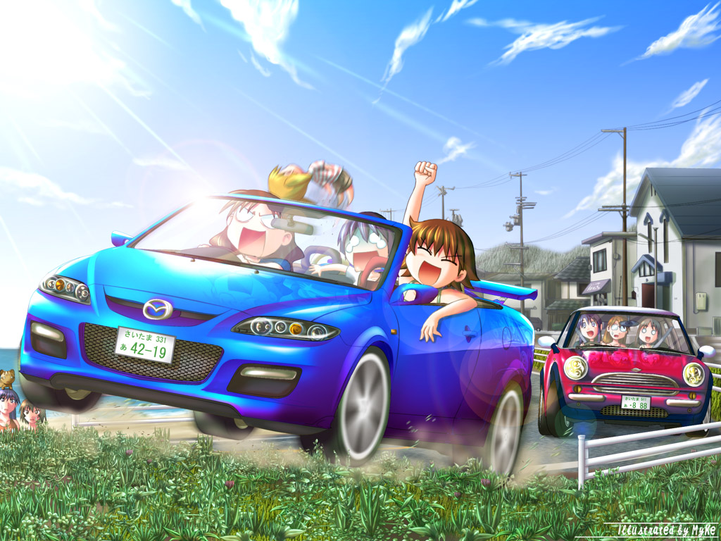 kagura, kagura (azumanga daioh), kaori (azumanga daioh), kasuga ayumu, kurosawa minamo, mihama chiyo, mizuhara koyomi, sakaki (azumanga daioh), takino tomo, tanizaki yukari, azumanga daiou, mazda, mini cooper, 6+girls, car, child, everyone, motor vehicle, multiple girls, vehicle focus